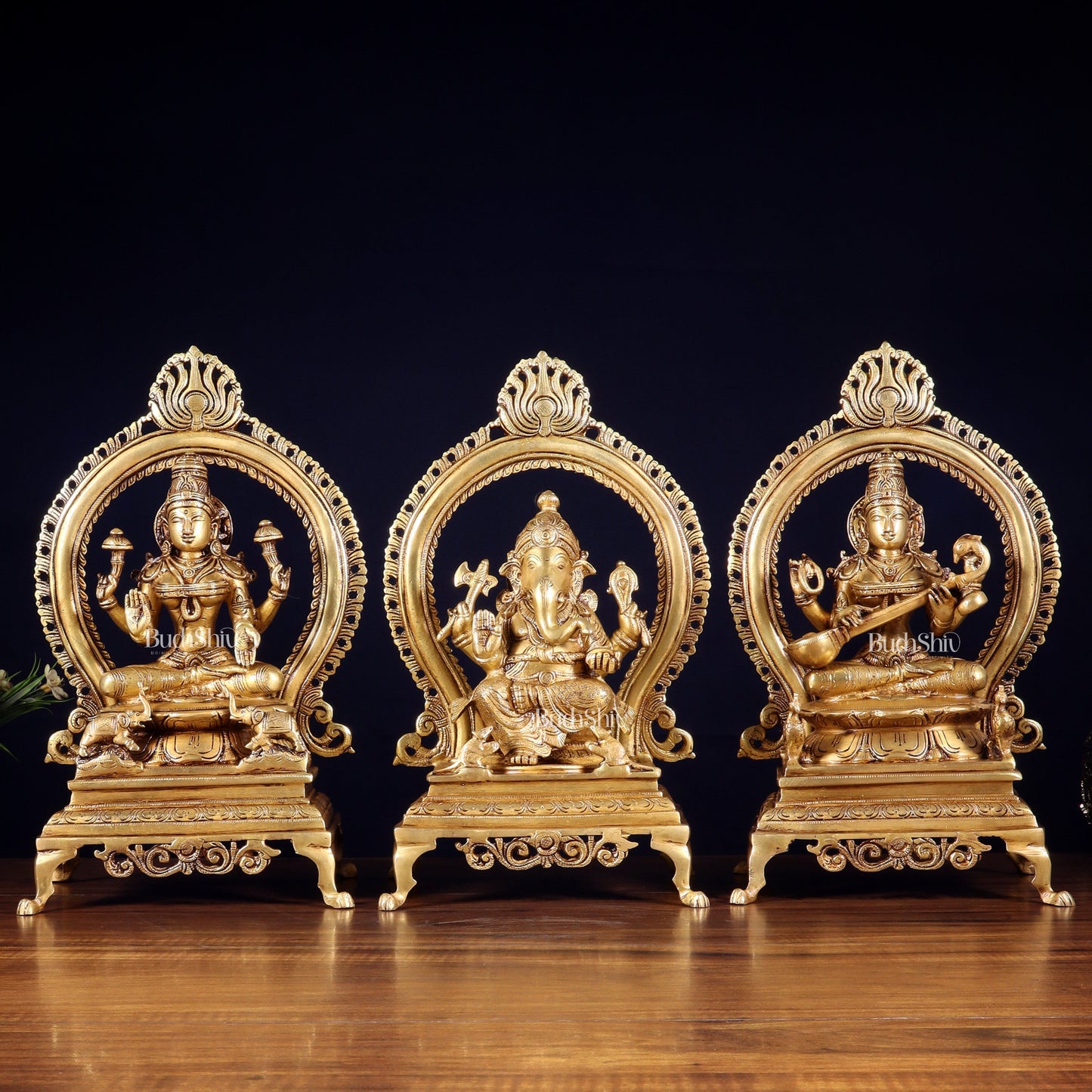 Pure Brass Ganesha, Lakshmi & Saraswati Idol Set with Prabhavali Frames 13" - Sama Homes Idol - Brass Sculpture
