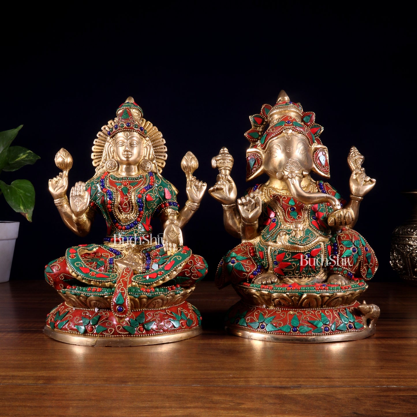 Pure Brass Ganesh Lakshmi Idol Pair – Intricate Floral Stonework 9.5 inch - Sama Homes Idol - Brass Sculpture