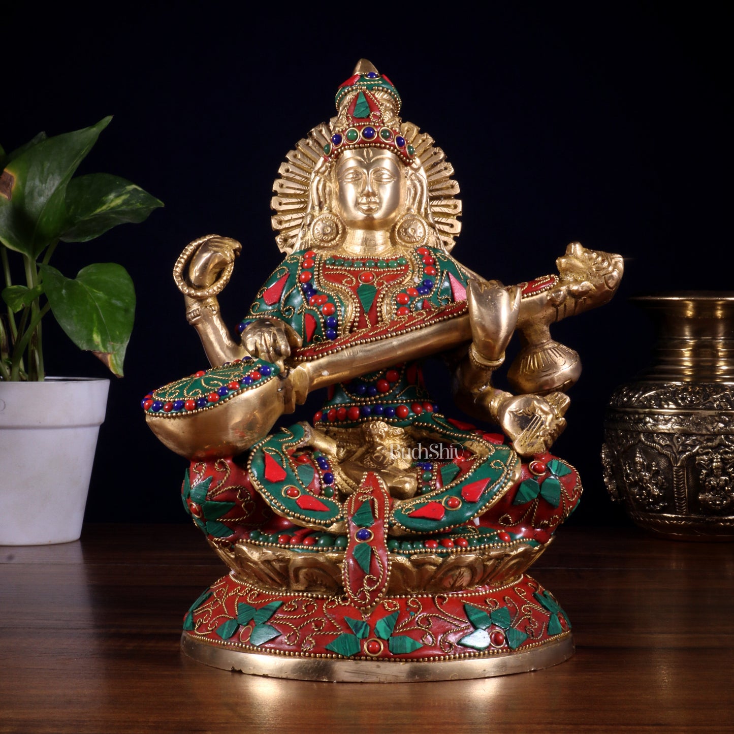 Pure Brass Goddess Saraswati Idol – Intricate Floral Stonework 9 Inch - Sama Homes Idol - Brass Sculpture