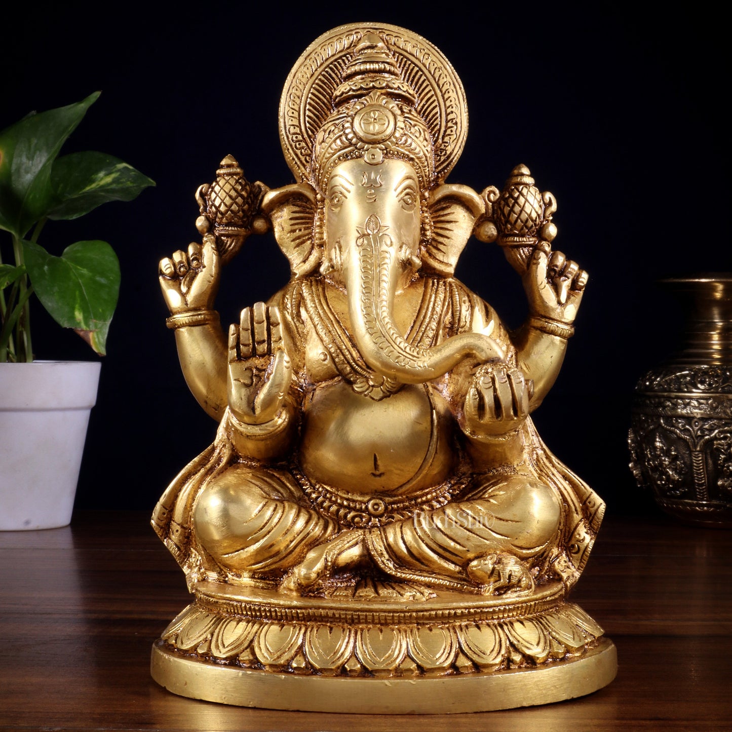 Pure Brass Lord Ganesha Statue (8 Inch) - Sama Homes Idol - Brass Sculpture