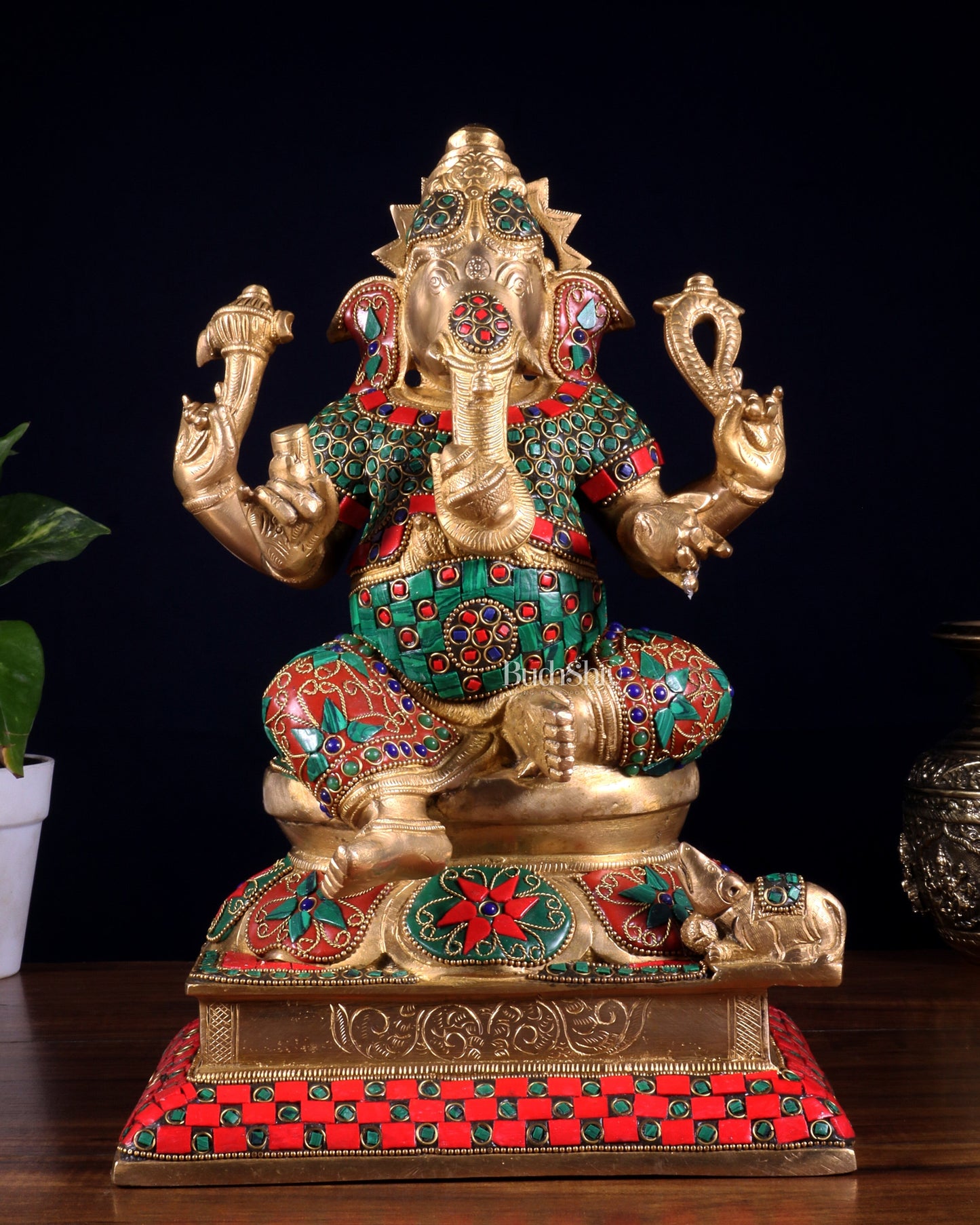 Pure Brass Vinayaka Ganapati Statue – Right Trunk valampuri | Intricate Floral Stonework (13 Inch) - Sama Homes Idol - Brass Sculpture