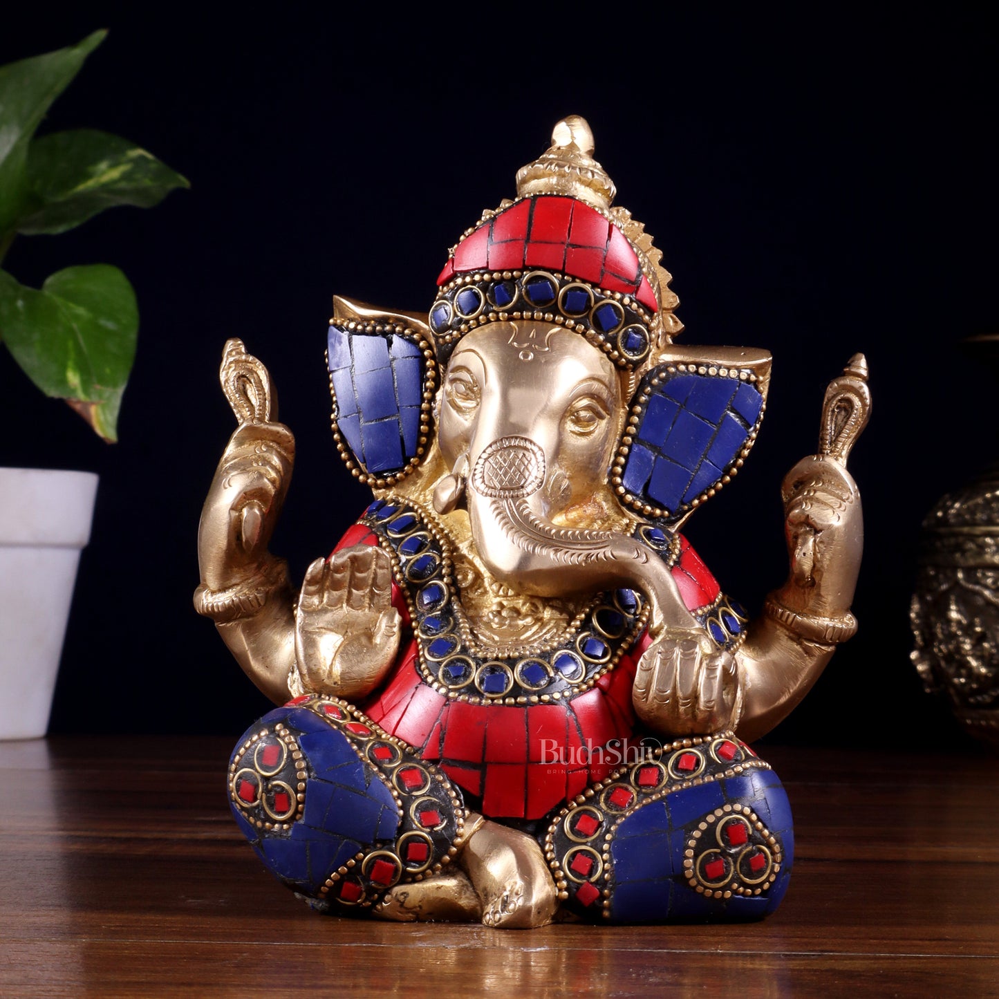 Ganesha Brass Sculpture with stonework 6 inch - Sama Homes Idol - Brass Sculpture