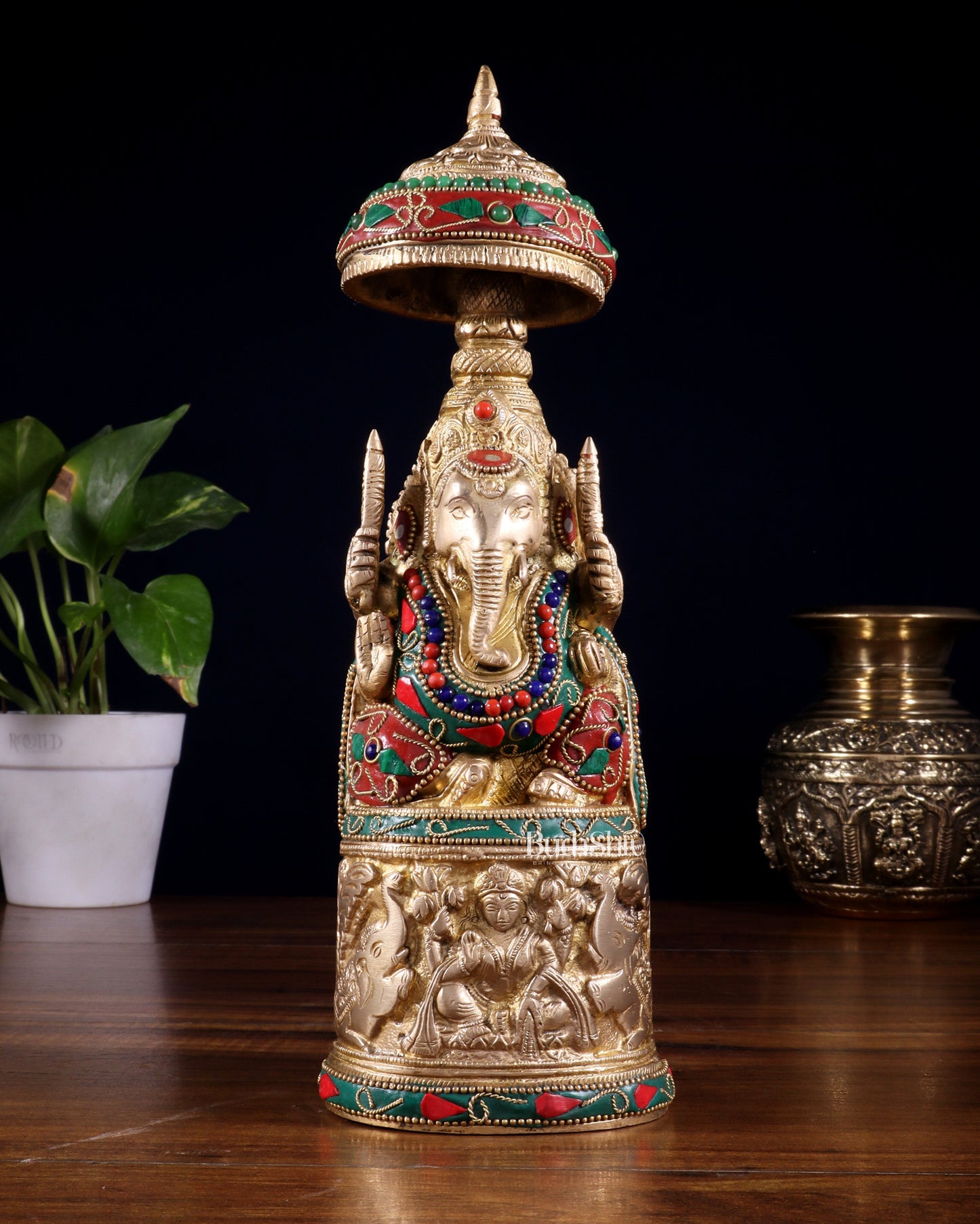Pure Brass Lord Ganesha Statue with Gajalakshmi Carvings meenakari - Sama Homes Idol - Brass Sculpture