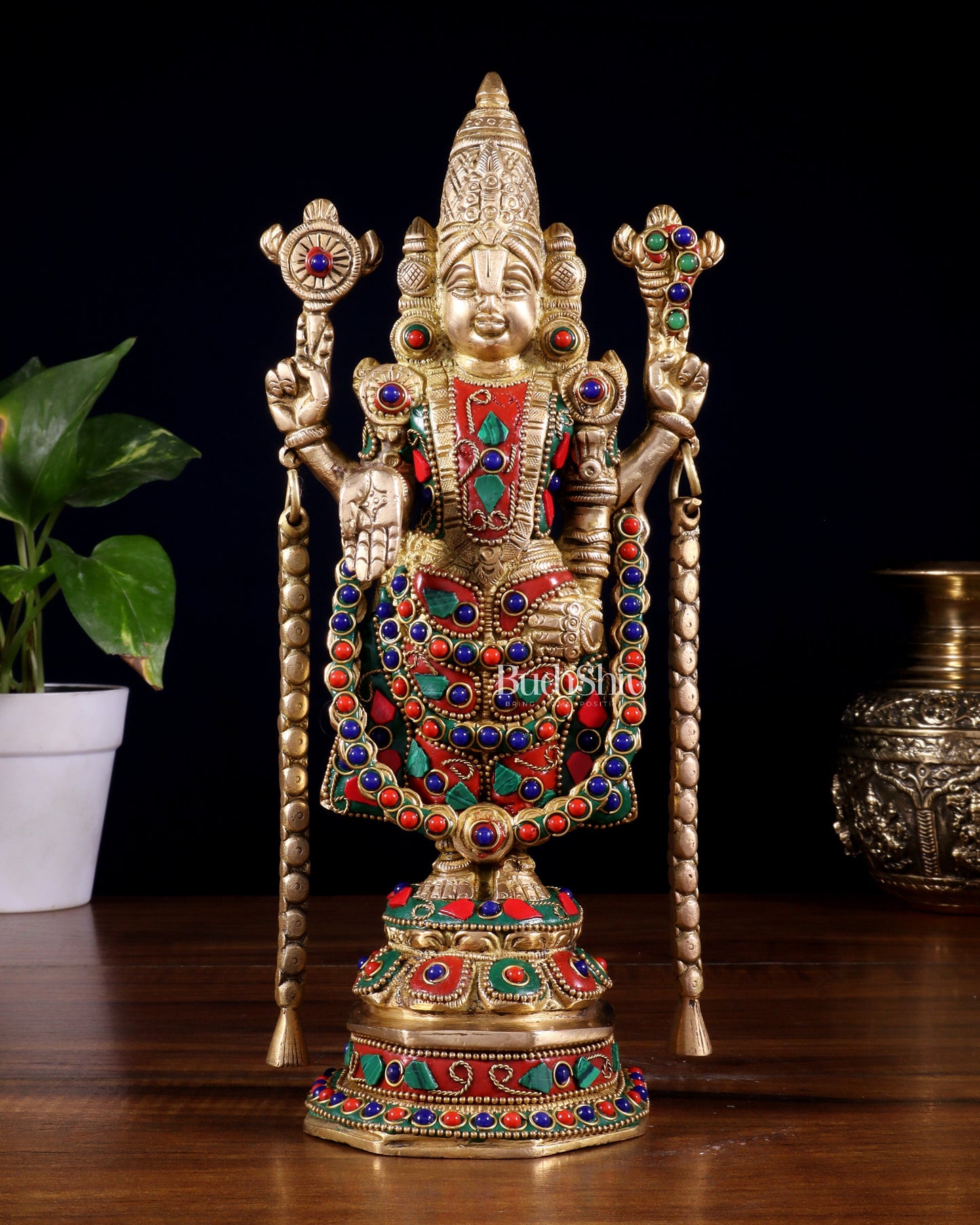 Brass Tirupati Balaji Statue 11 inch with meenakari Stonework - Sama Homes Idol - Brass Sculpture