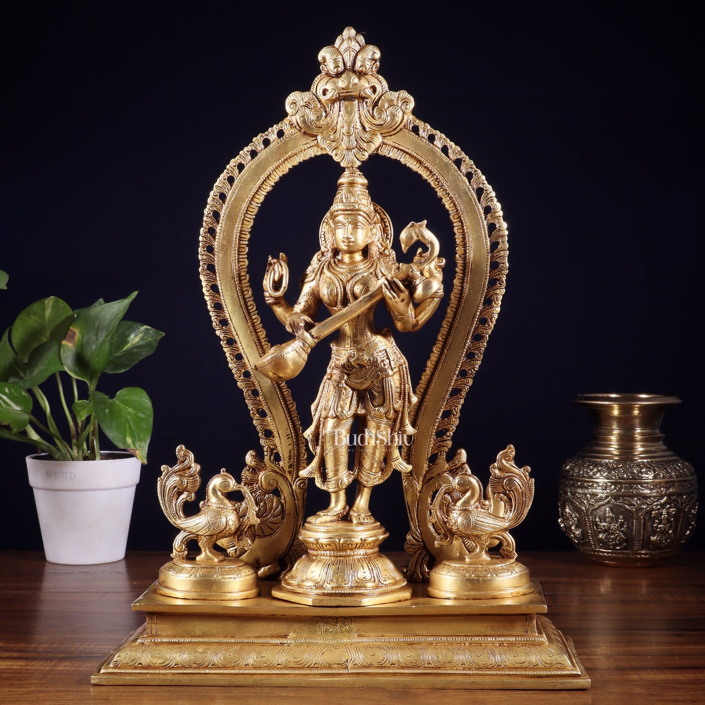 Pure Brass Standing Goddess Saraswati Idol with Swans | 15” - Sama Homes Idol - Brass Sculpture