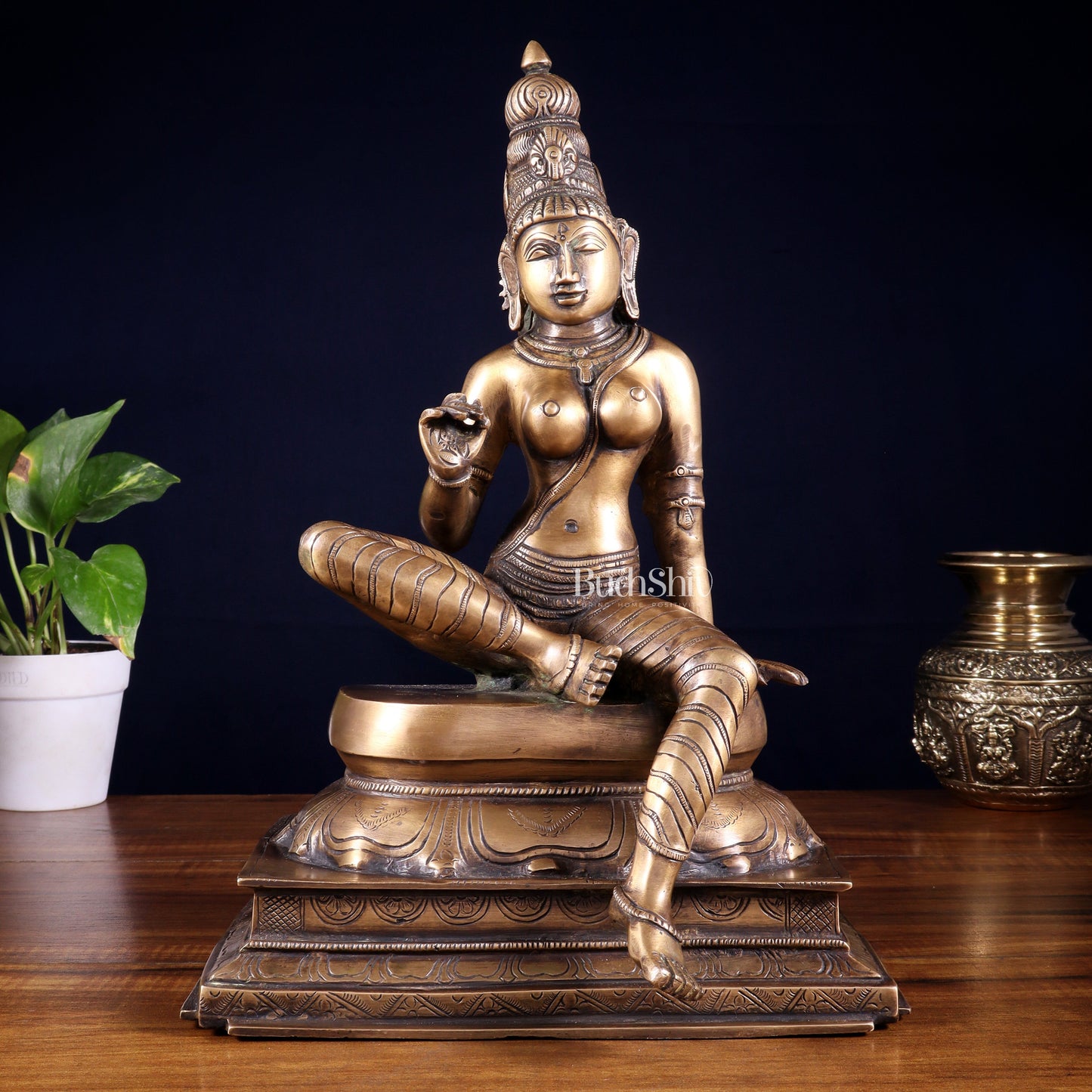 Vintage Bhoga Shakti Brass Devi Uma Parvati Sitting Statue | Burnt Brass Tone | 14” Height - Sama Homes Idol - Brass Sculpture