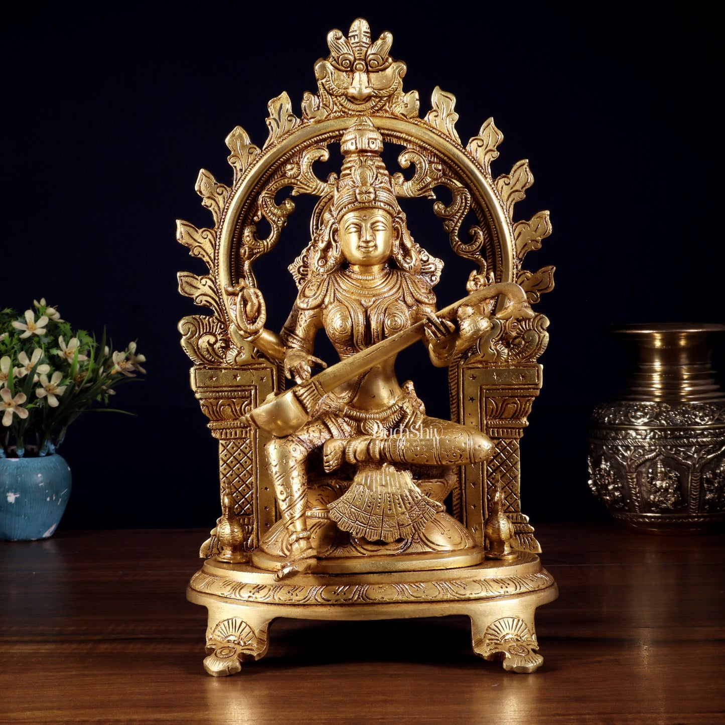 Pure Brass Goddess Saraswati Idol with Prabhavali | 12 Inch - Sama Homes Idol - Brass Sculpture