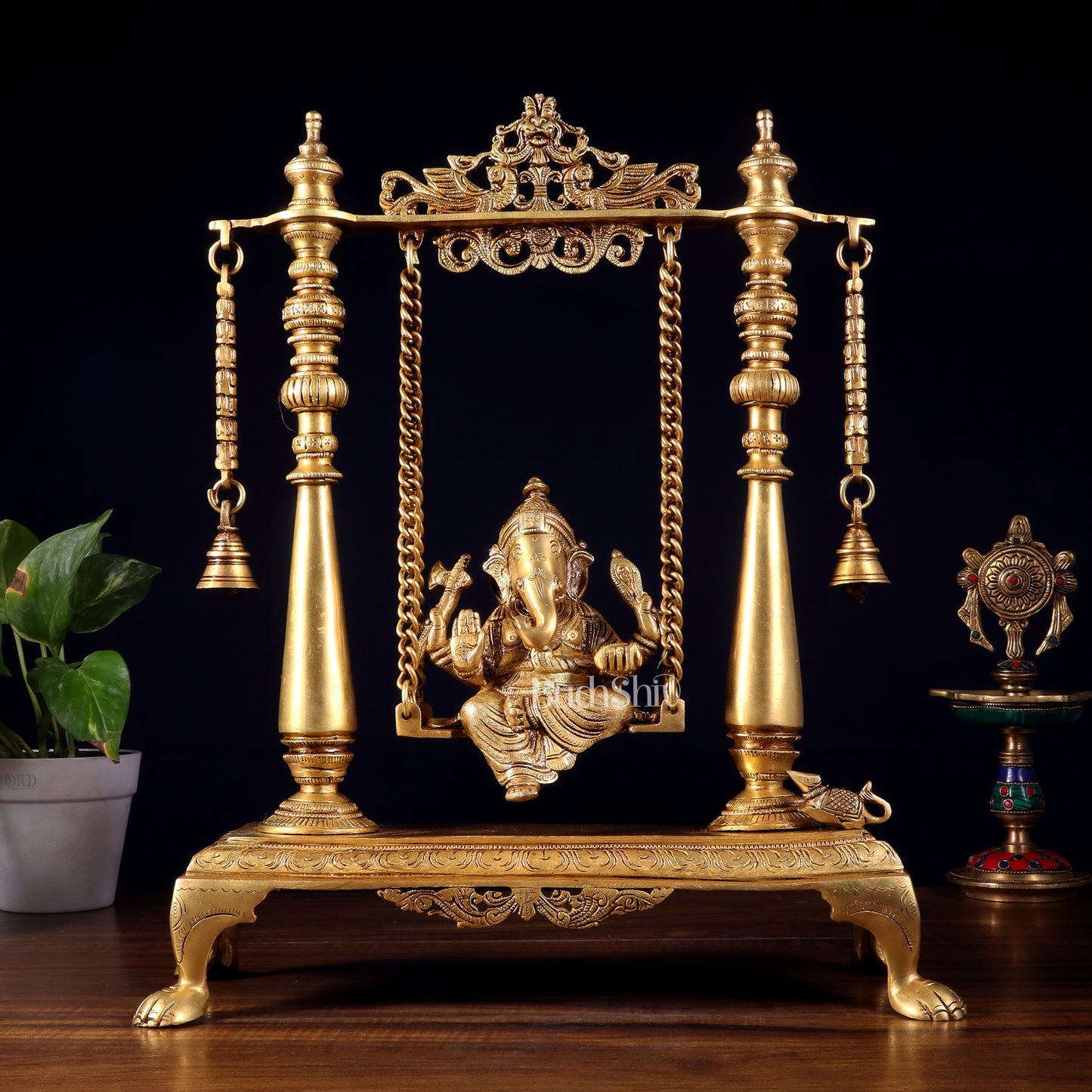 Pure Brass Lord Ganesha on Swing | Superfine Quality | 16 Inch - Sama Homes Idol - Brass Sculpture