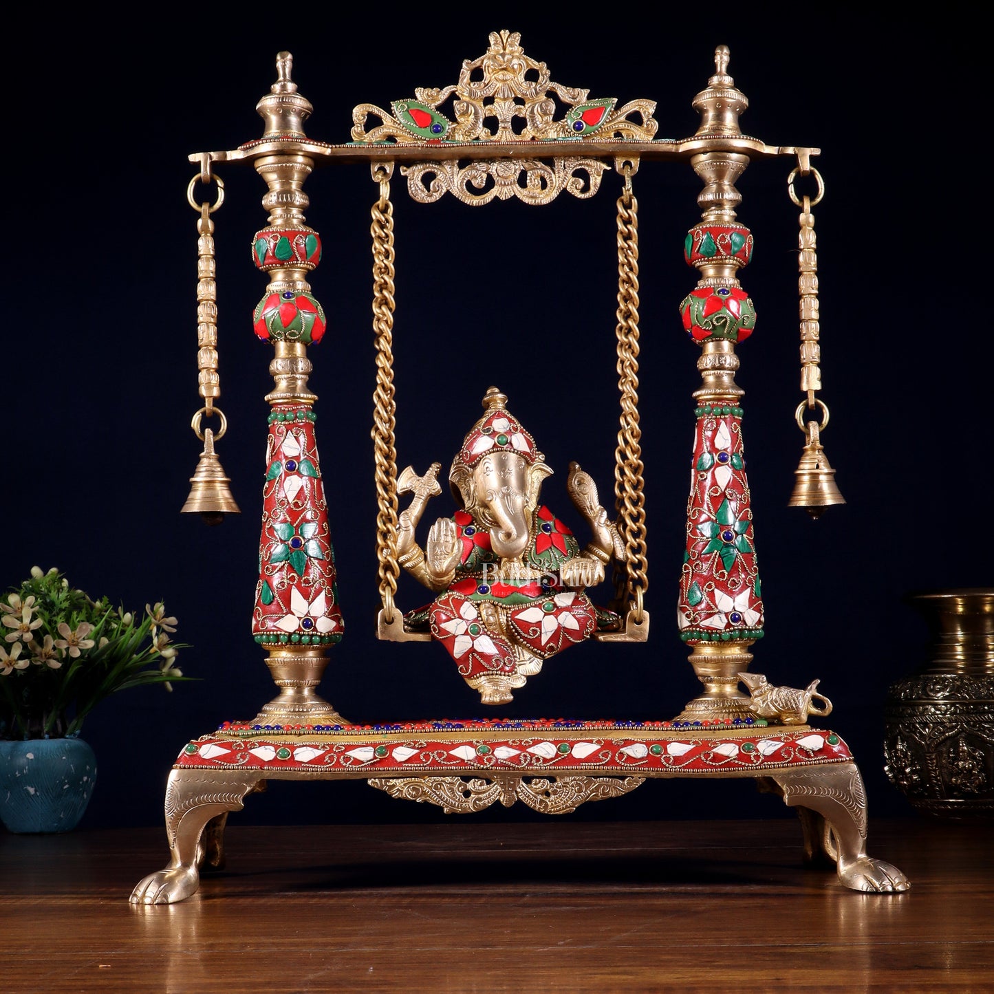 Pure Brass Lord Ganesha on Swing | with meenakari| 16 Inch - Sama Homes Idol - Brass Sculpture