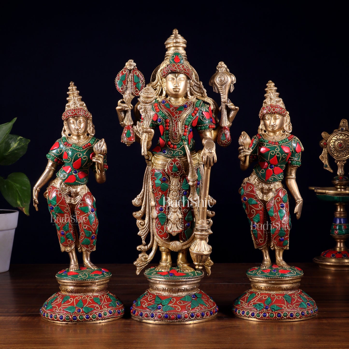 Brass Lord Vishnu with Bhudevi and Sridevi Statues – meenakari Stonework, 13" | 100% Certified Copper & Brass - Sama Homes Idol - Brass Sculpture