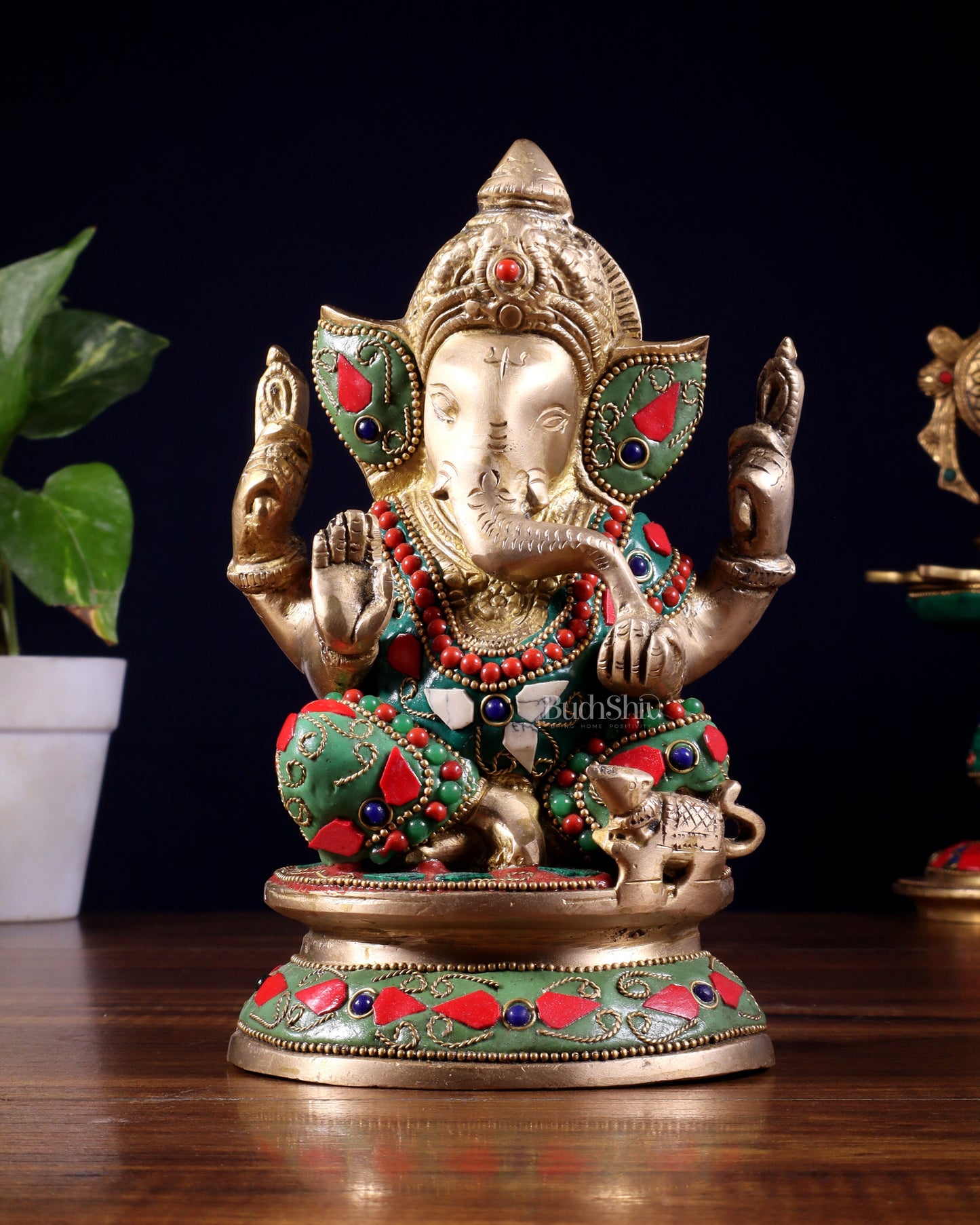 Pure Brass Taj Ganesha Statue with Round Base 7" with stonework - Sama Homes Idol - Brass Sculpture