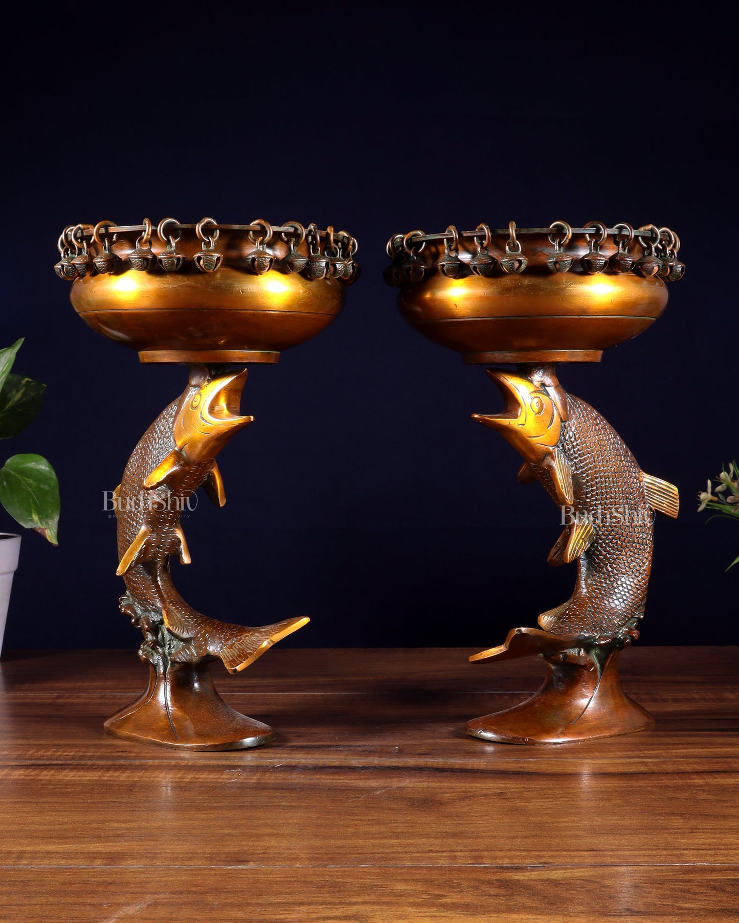 Pair of Designer Brass Jumping Dolphin Urli Bowls with Ghungroos | Festive Décor & Auspicious Gifting – Sama Homes
