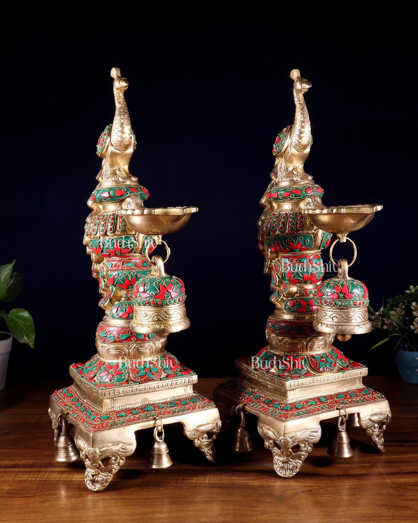 Brass Large Peacock Diya with Meenakari Stonework | 19-Inch Traditional Oil Lamp pair – Sama Homes