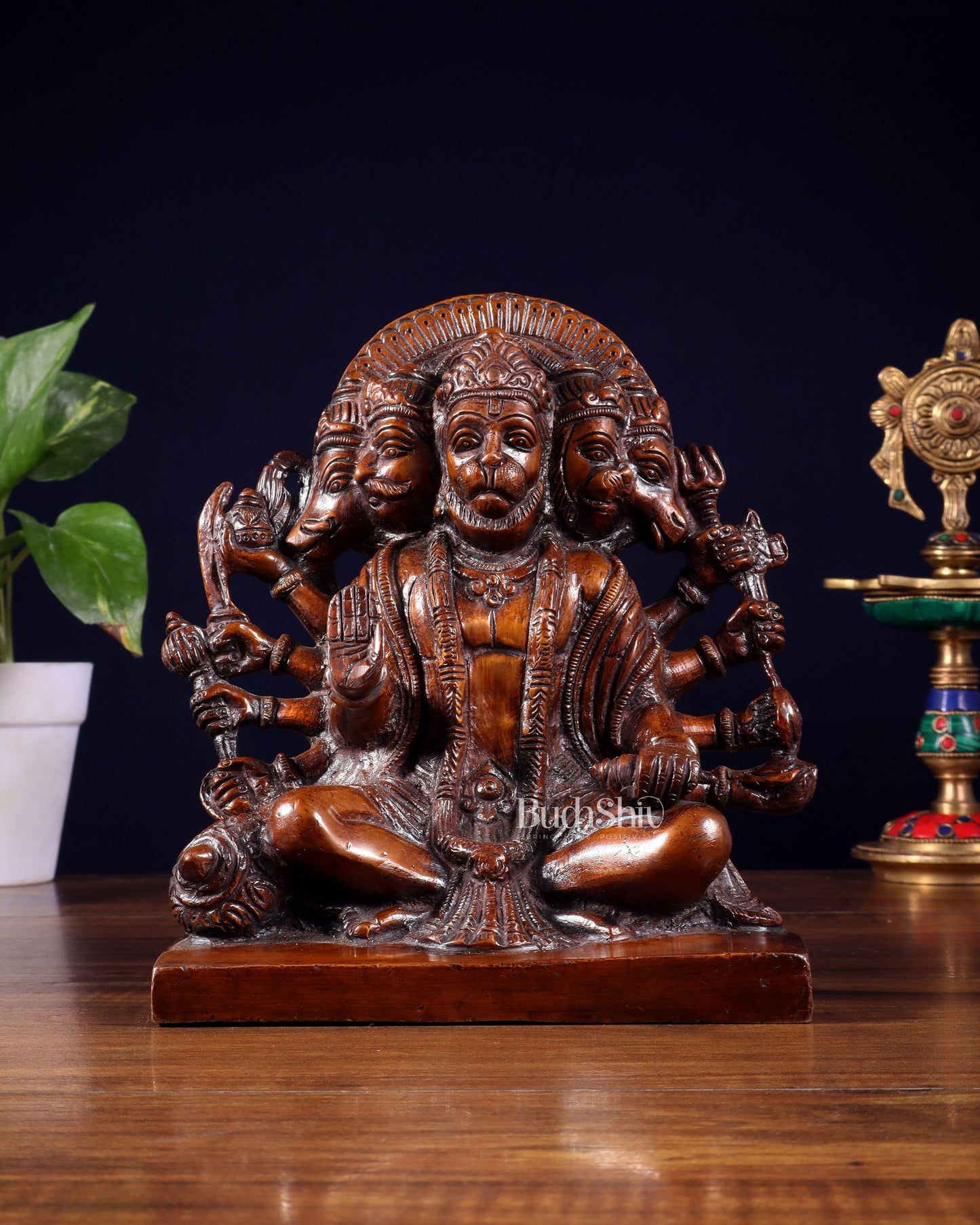 Pure Brass Panchmukhi Hanuman Statue – Copper Finish 7.5 Inch - Sama Homes Idol - Brass Sculpture