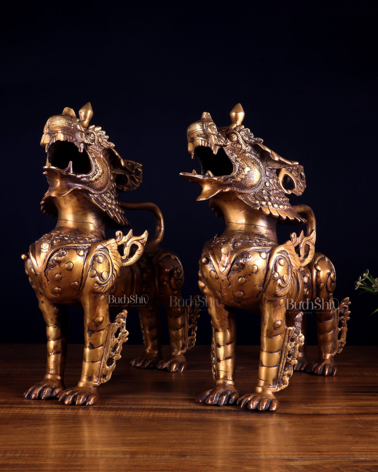 Pair of Vintage Brass Tibetan Snow Lion Statues 14.5 inch - Sama Homes Idol - Brass Sculpture