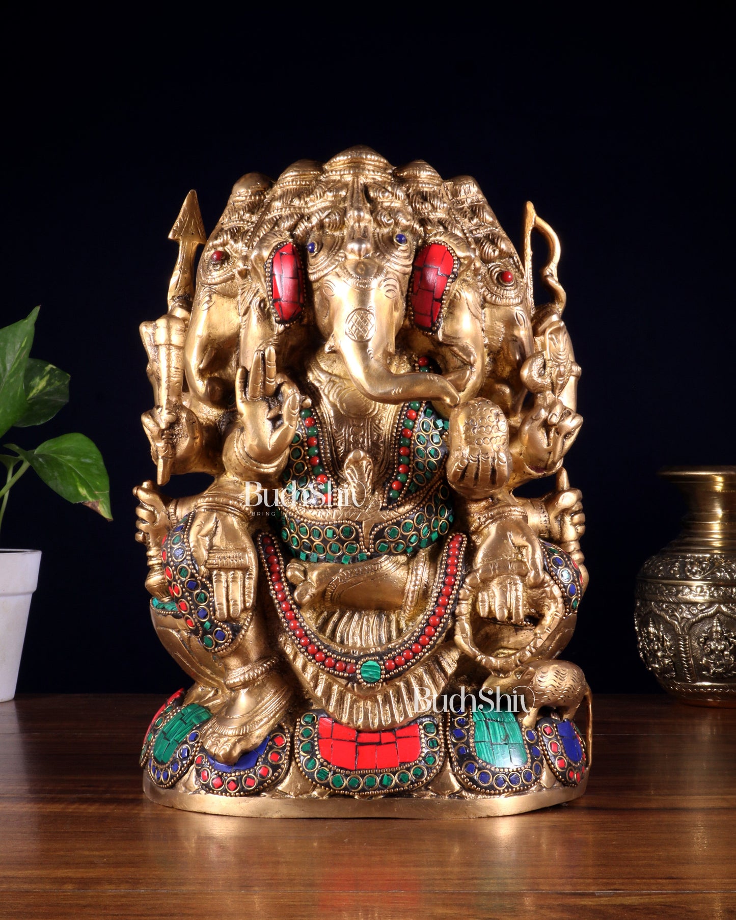 Pure Brass Superfine Panchmukhi Ganesha Statue - 11 inch Five faced ganesha statue - Sama Homes Idol - Brass Sculpture