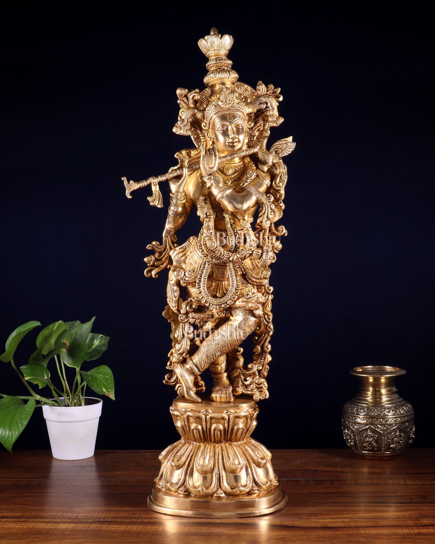 Krishna Brass Statue 25 inch glossy - Sama Homes Idol - Brass Sculpture
