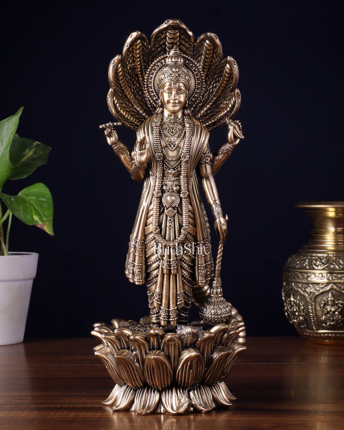Pure Brass Lord Vishnu Standing with Sheshanaag – Superfine Carvings 11.5 inch - Sama Homes Idol - Brass Sculpture