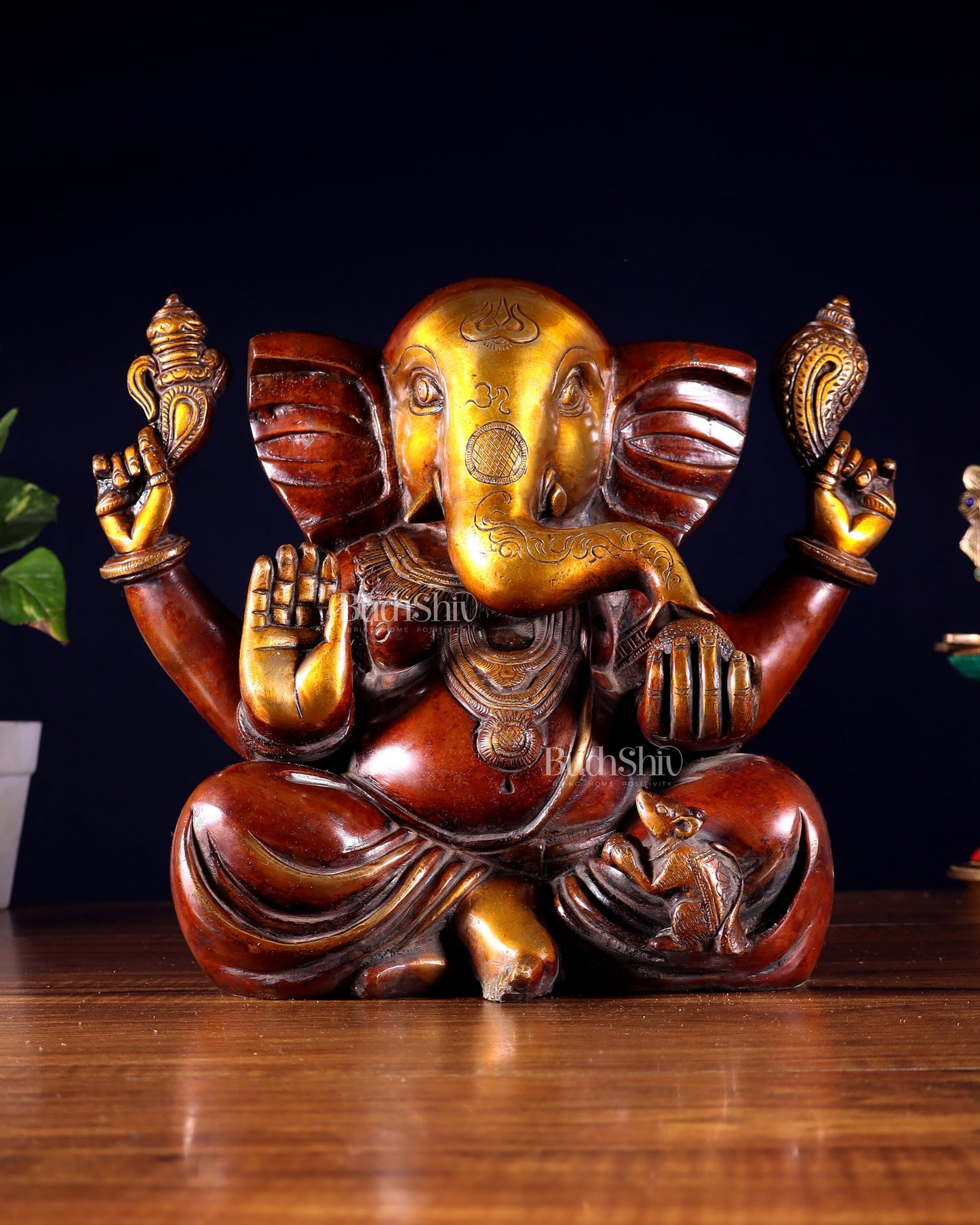 Large Brass Appu Ganesha Statue - 11 Inch dual tone - Sama Homes Idol - Brass Sculpture