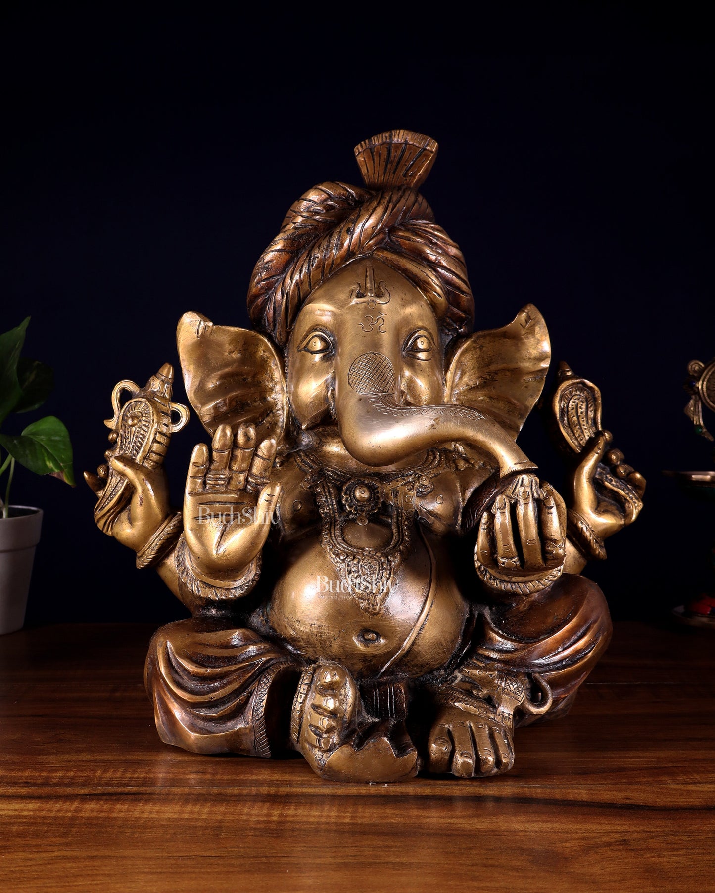Brass Ganesha vintage statue wearing a turban idol 14" | 100% Certified Copper & Brass - Sama Homes Idol - Brass Sculpture