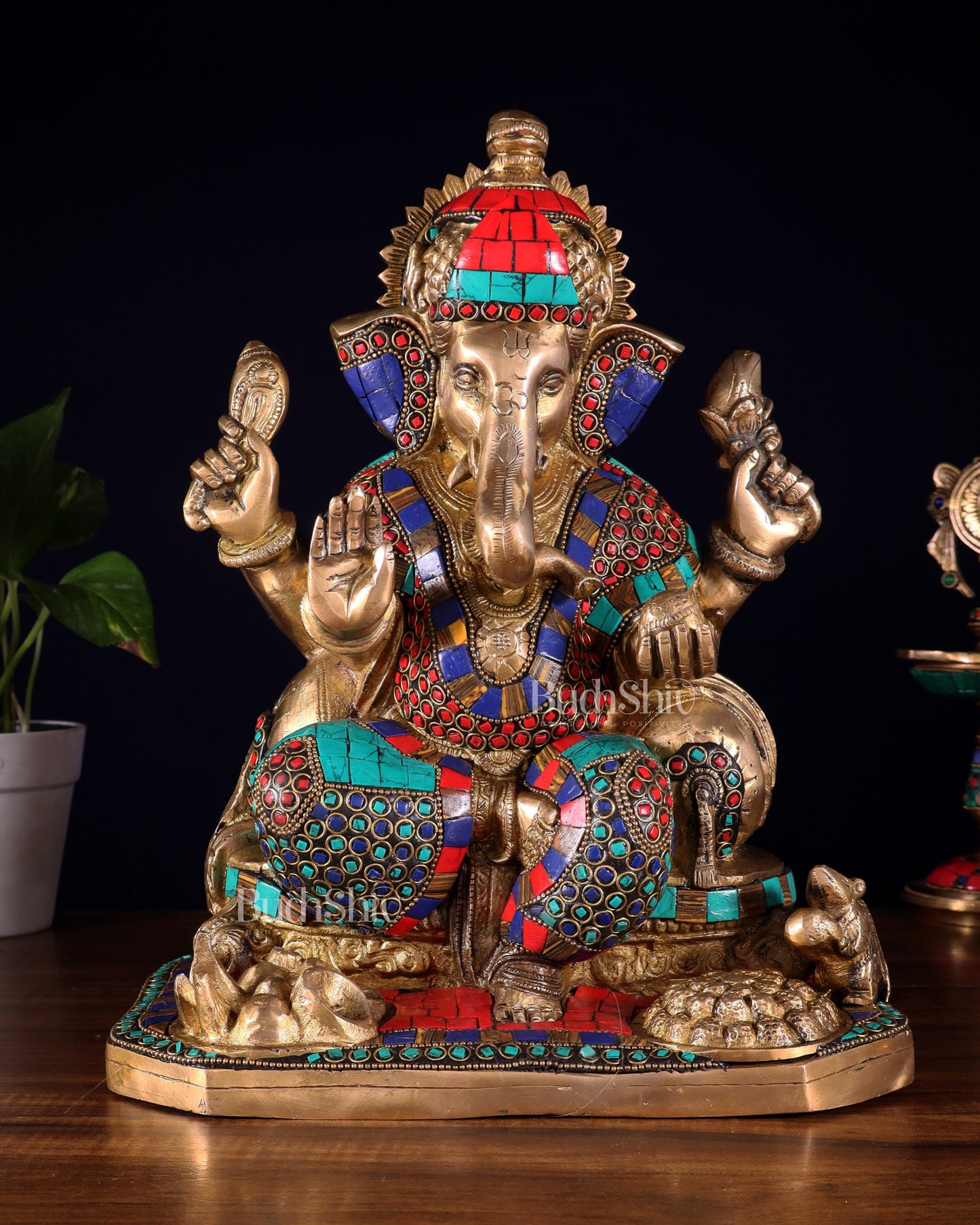 Ganesha brass statue with stonework 13" - Sama Homes Idol - Brass Sculpture