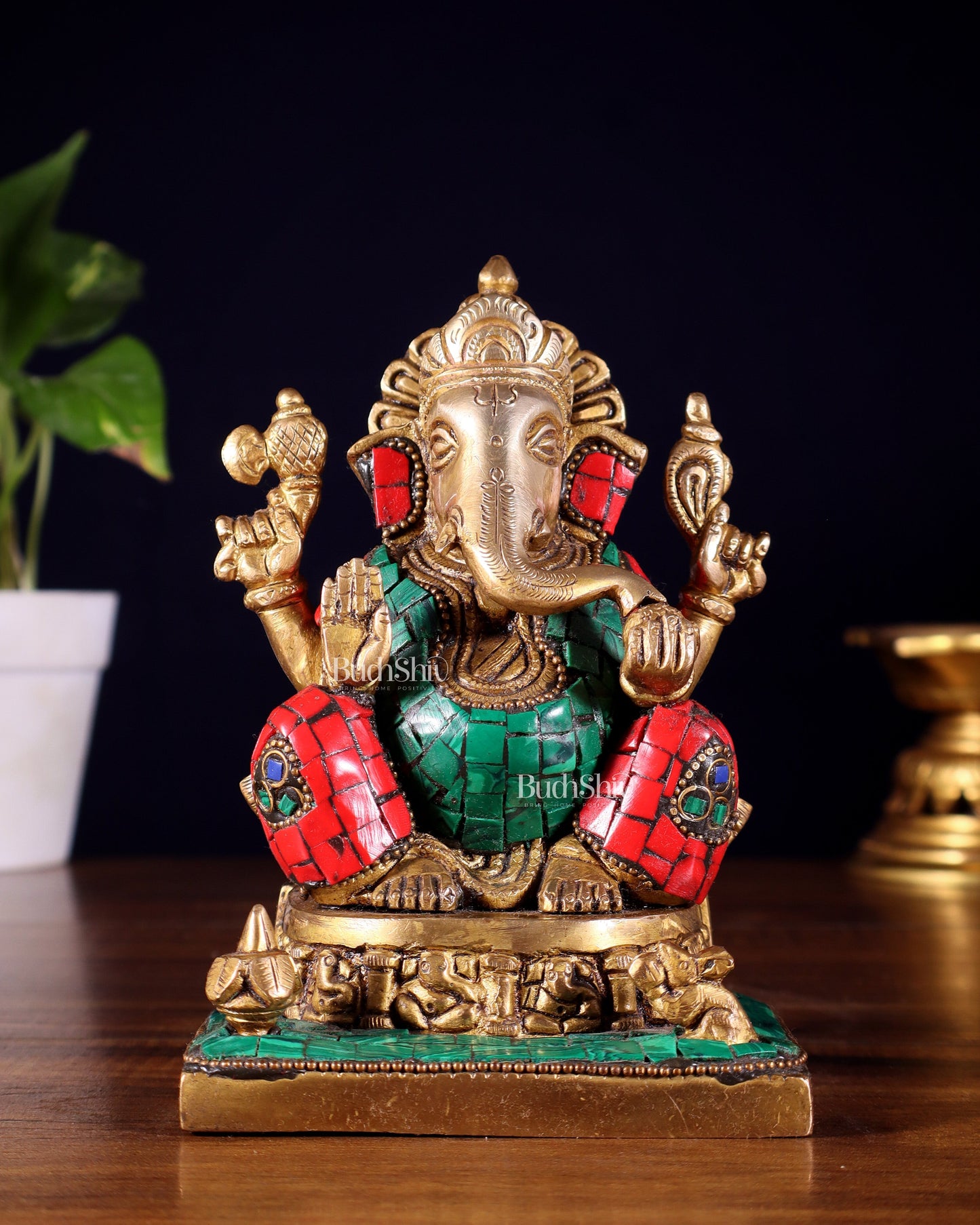 Brass Superfine Lord Ganesha Idol with Ashtavinayaka meenakari - 6.5 Inch - Sama Homes Idol - Brass Sculpture
