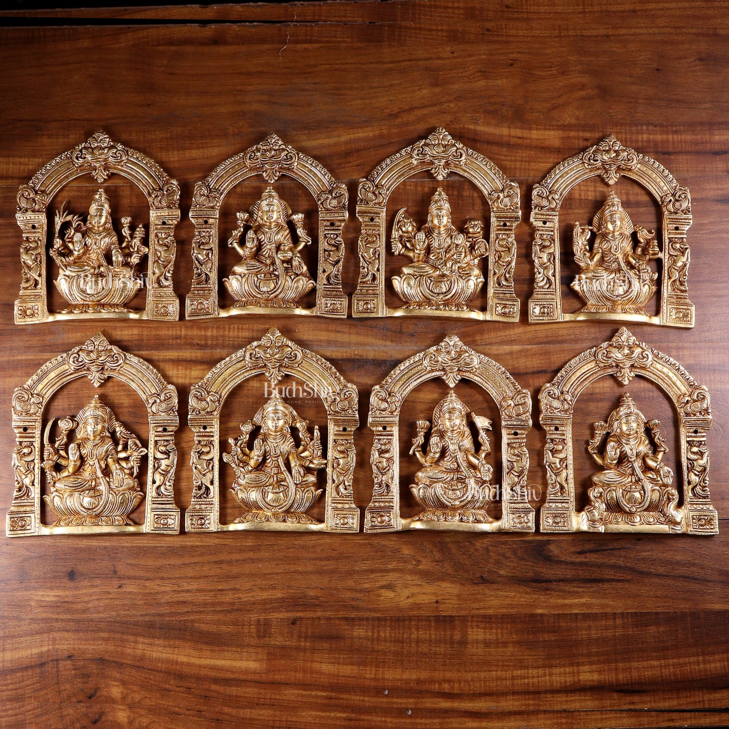 Pure Brass Ashtalakshmi Wall Hanging Set with Prabhavali for wall hangings – 9" Height - Sama Homes Idol - Brass Sculpture