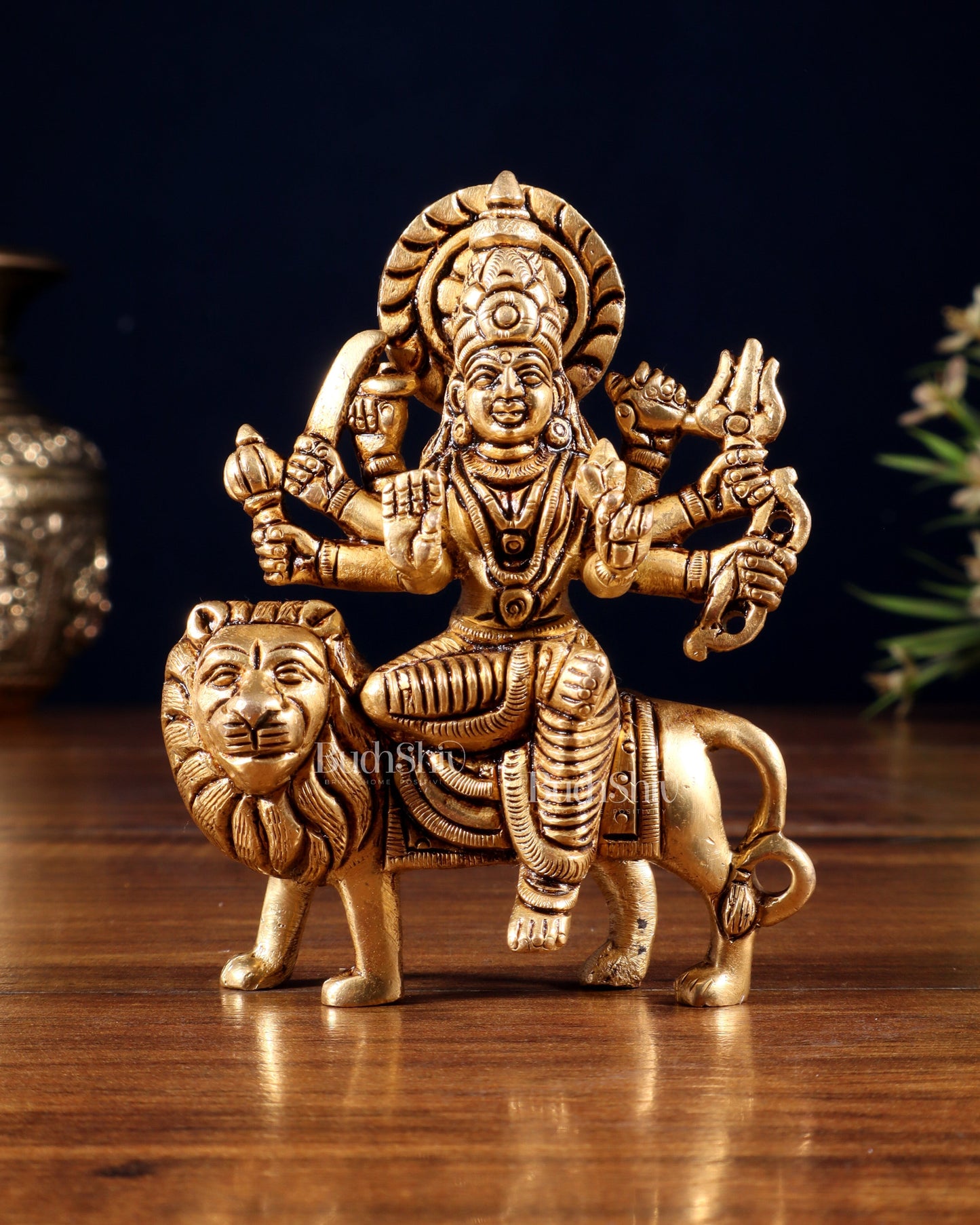 Pure Solid Brass Goddess Durga Idol – 4" Height, 550g - Sama Homes Idol - Brass Sculpture