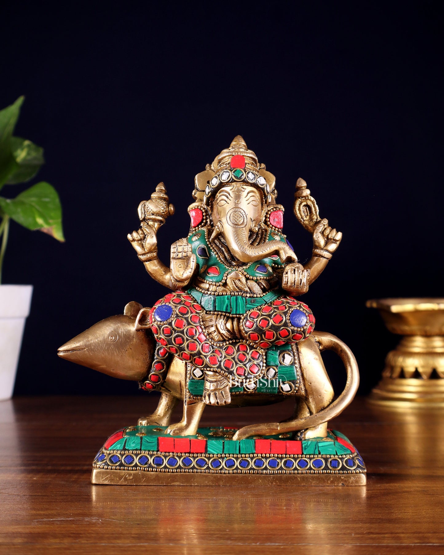 Brass Lord Ganesha Sitting on mooshak Idol | Height 7 inch | 100% Certified Copper & Brass - Sama Homes Idol - Brass Sculpture