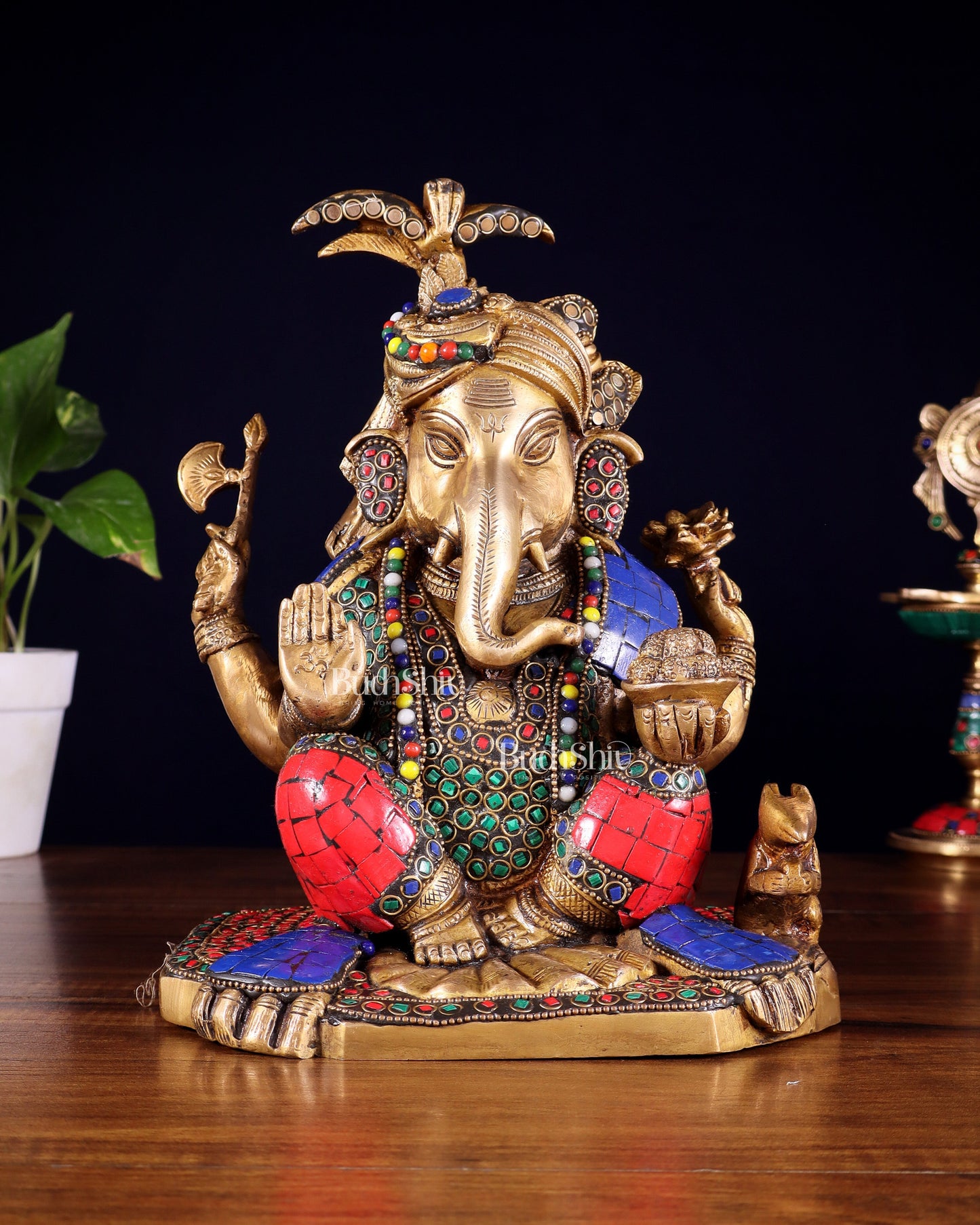 Brass Lord Ganesha Statue with Meenakari Stonework – 9.5" | 100% Certified Copper & Brass - Sama Homes Idol - Brass Sculpture