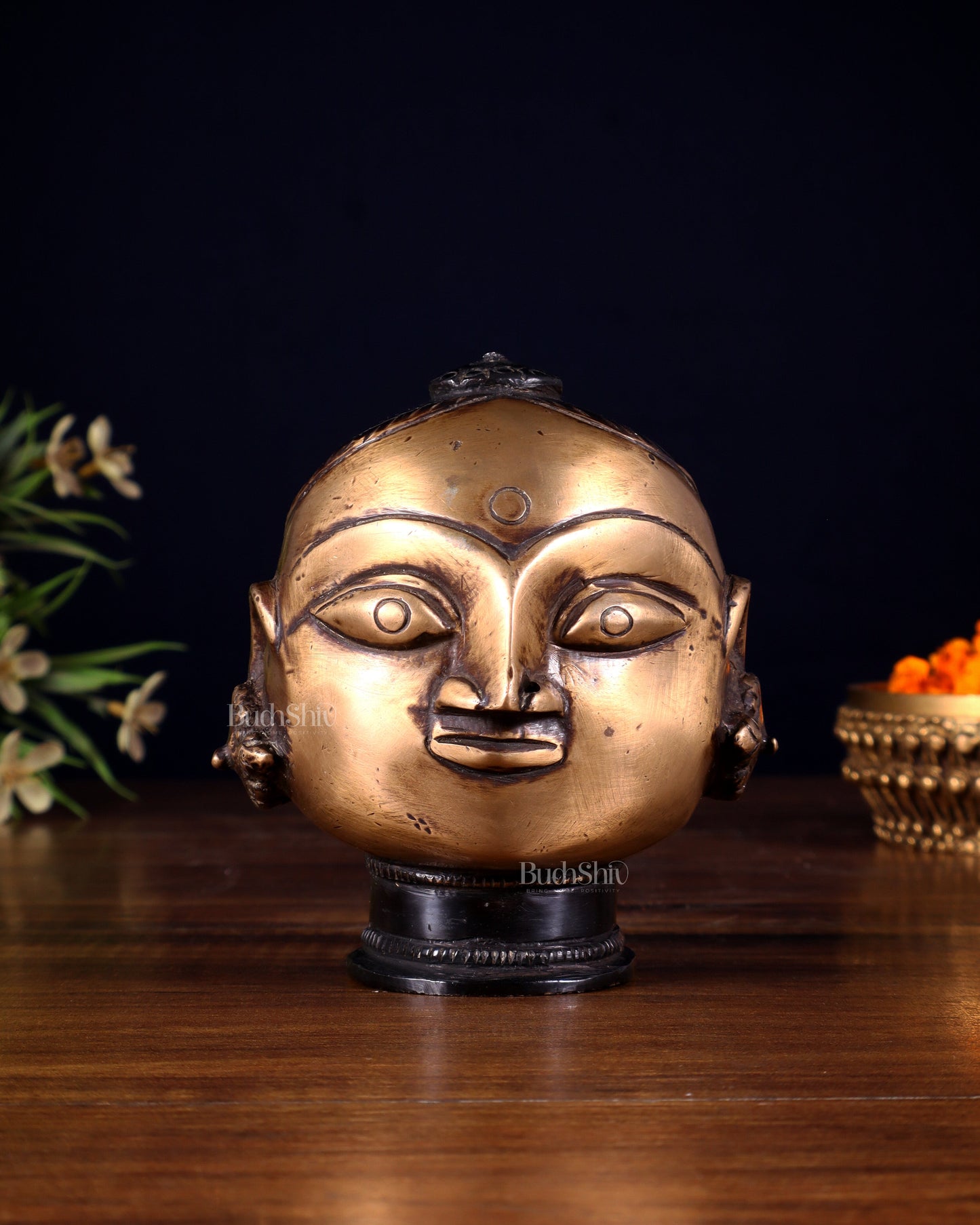 Pure Brass Gauri Face – Vintage Finish, 4.5" - Sama Homes Idol - Brass Sculpture