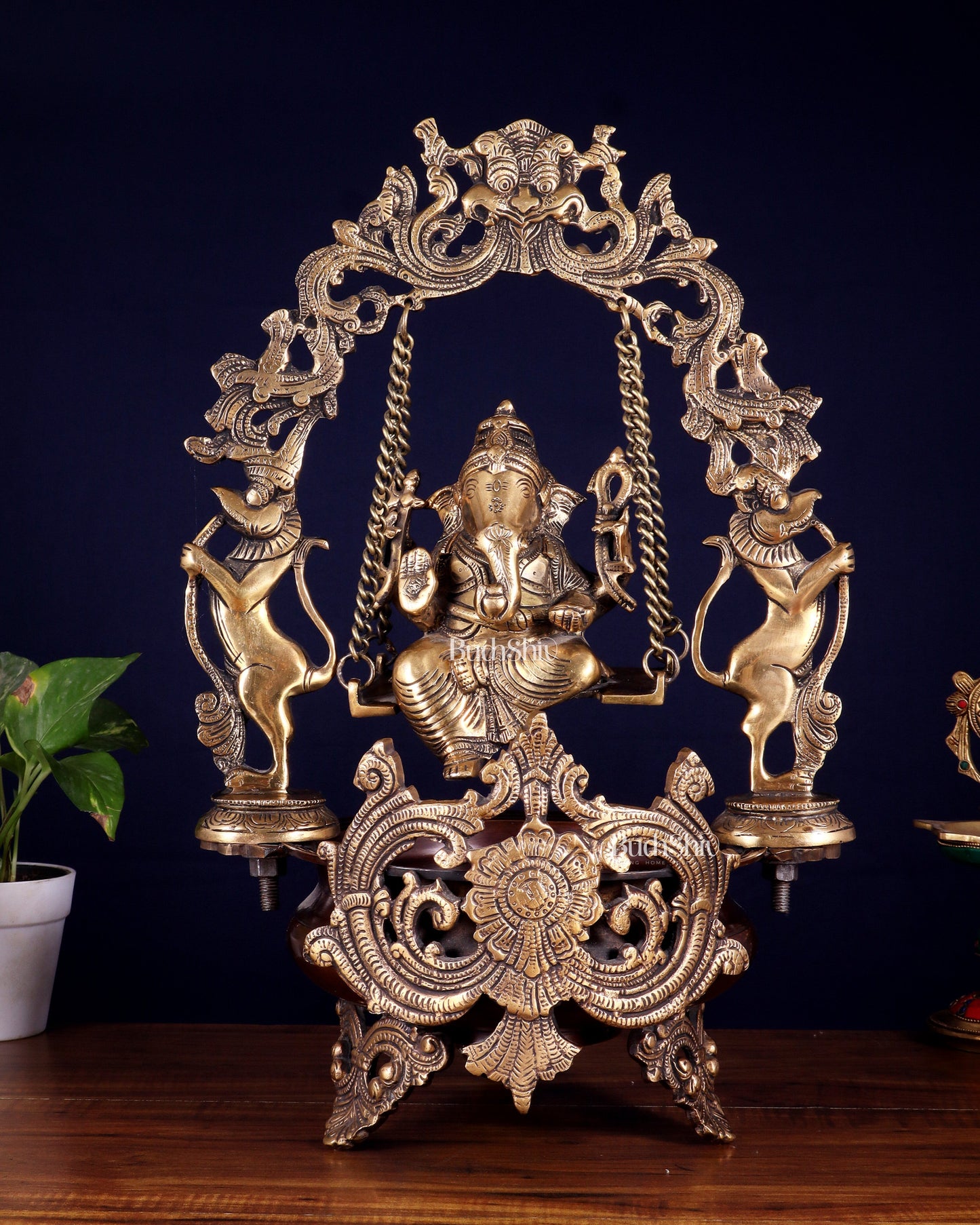 Pure Brass Lord Ganesha on a Swing Urli – Dual Tone Finish 20" - Sama Homes Idol - Brass Sculpture