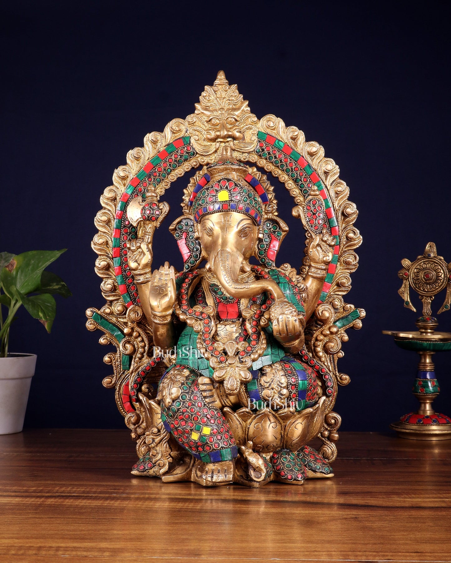 Ganesha Brass statue with Stonework 15.5 inch - Sama Homes Idol - Brass Sculpture