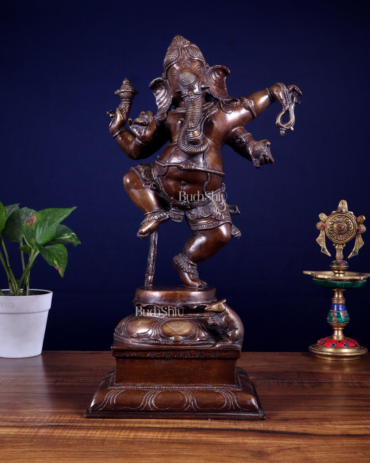 Pure Brass Dancing Ganesha Statue – Brown Tone Finish 16 inch - Sama Homes Idol - Brass Sculpture