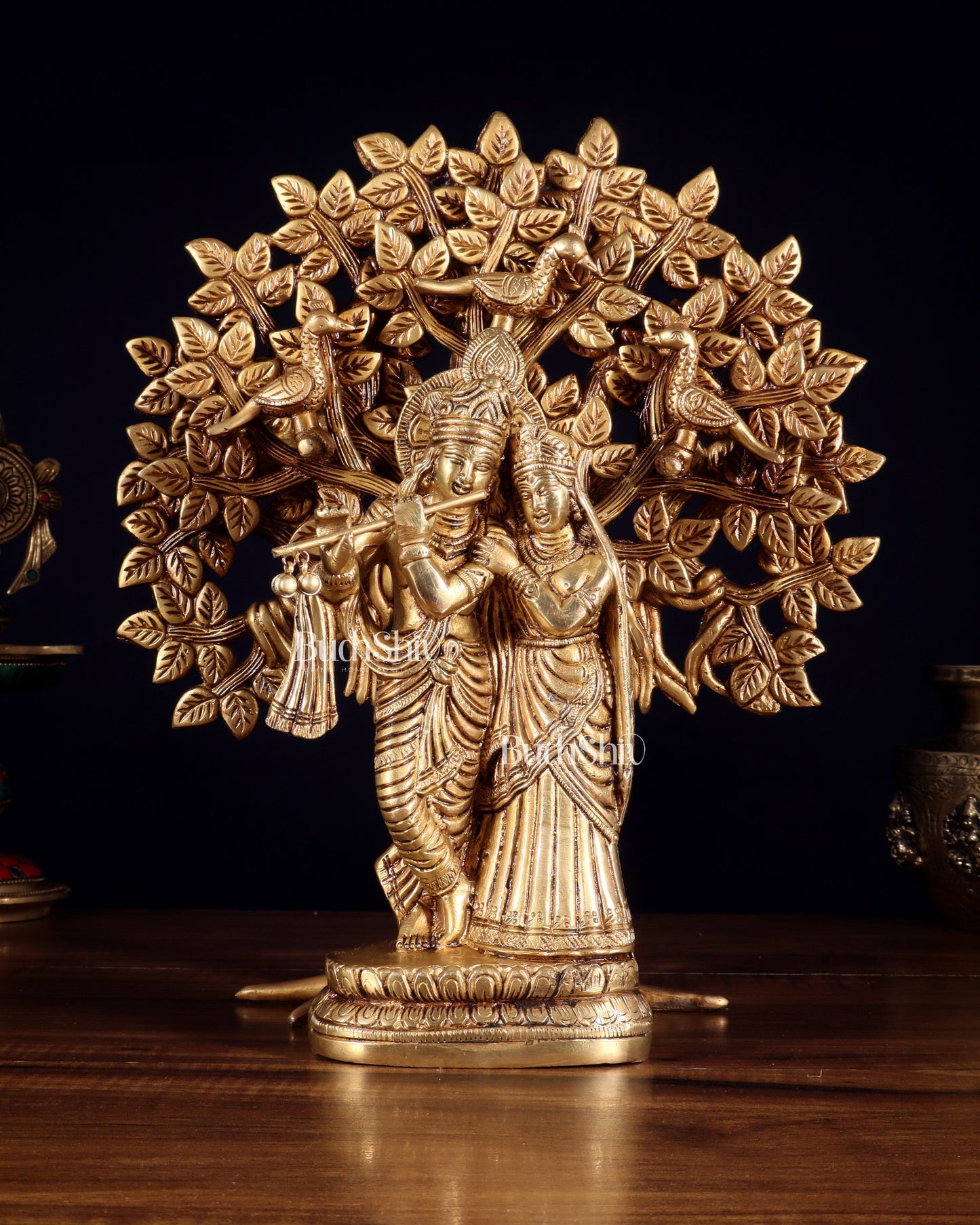 Pure Brass Radha Krishna with Kalpavriksha Tree Combo 12 inch - Sama Homes Idol - Brass Sculpture