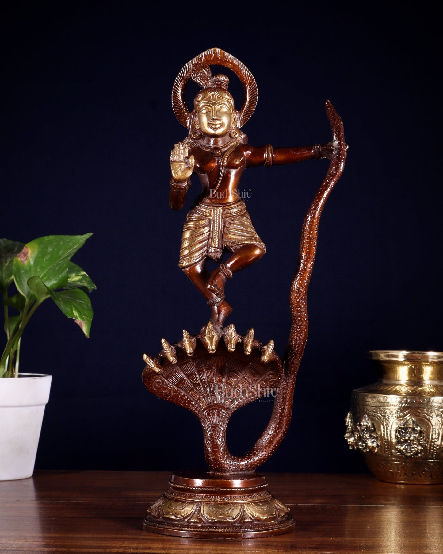 Krishna Dancing on Kaliya Naag Brass Idol 13" dual tone - Sama Homes Idol - Brass Sculpture