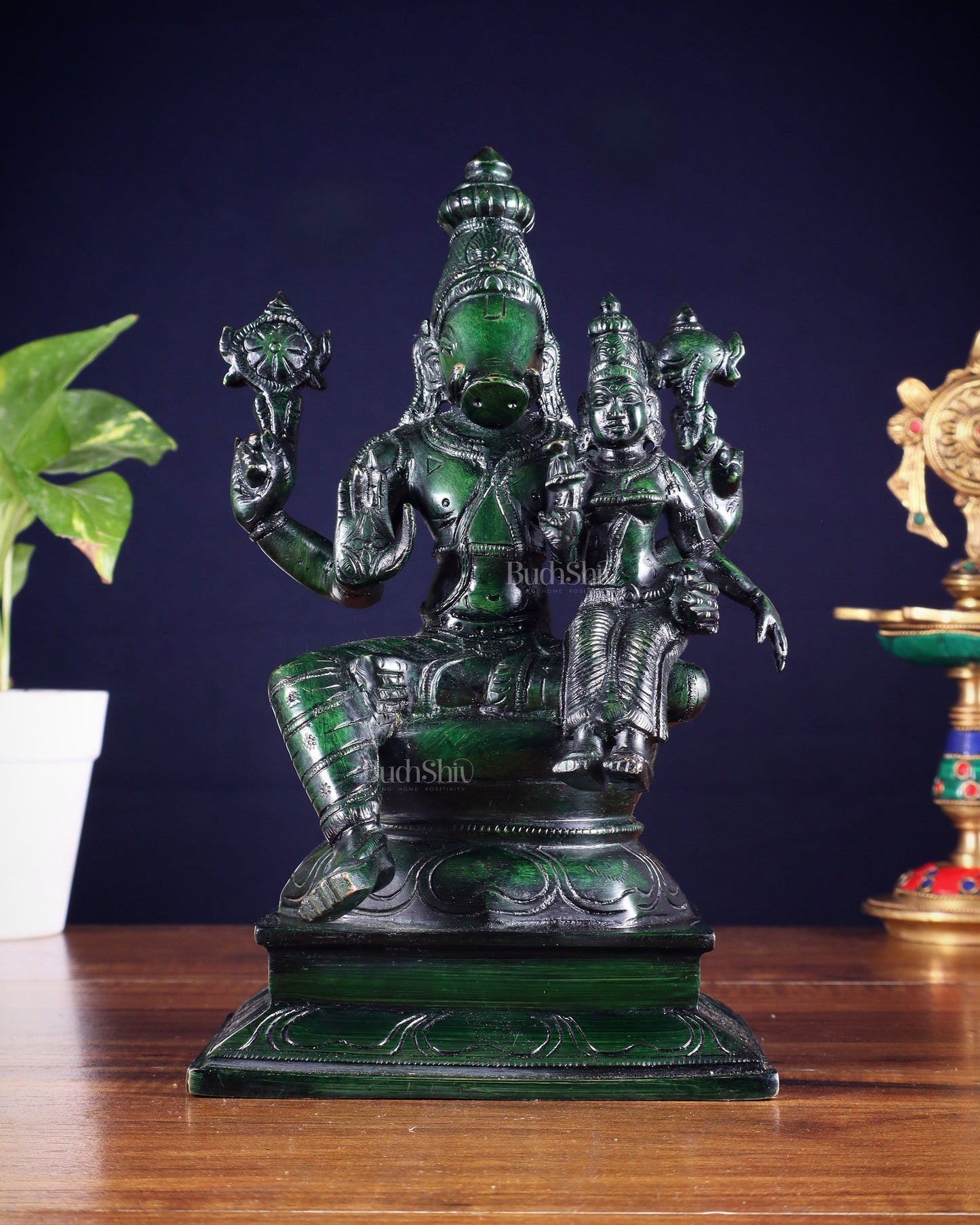Pure Brass Varaha Lakshmi Statue – Agate green Tone 9.5" - Sama Homes Idol - Brass Sculpture