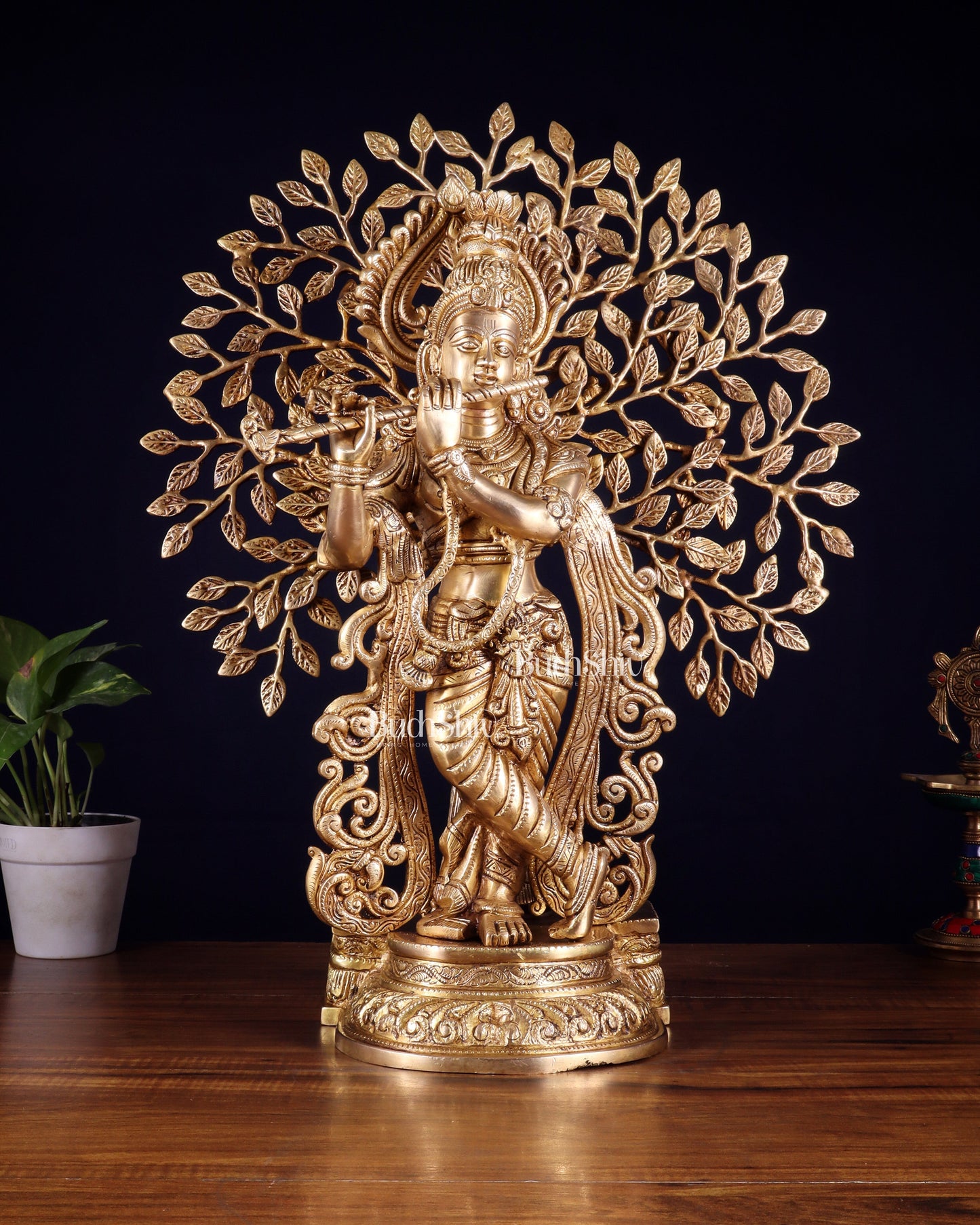 Pure Brass Lord Krishna with Kalpavriksha tree Statue 23" - Sama Homes Idol - Brass Sculpture