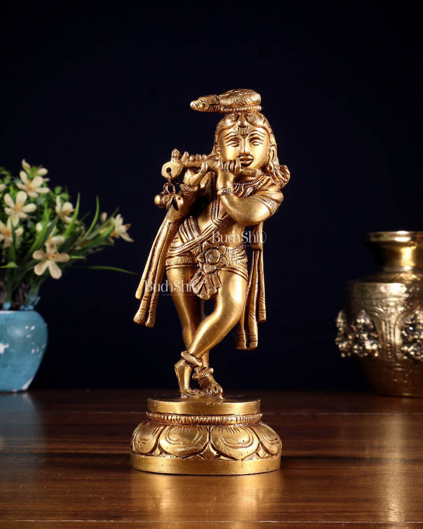 Brass Lord Krishna Statue 6.5" unique stance | 100% Certified Copper & Brass - Sama Homes Idol - Brass Sculpture