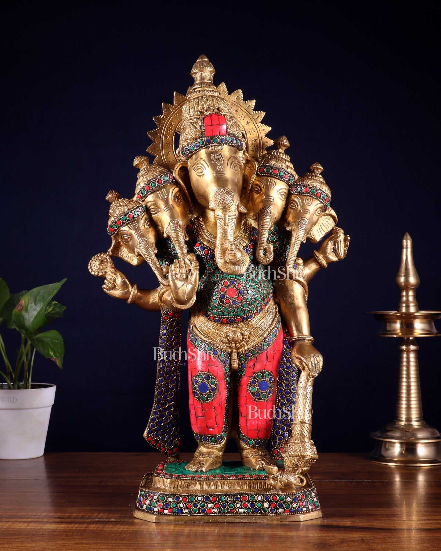 Brass Panchmukhi Ganesha Statue five faced Ganesha - 20 Inch | 100% Certified Copper & Brass - Sama Homes Idol - Brass Sculpture