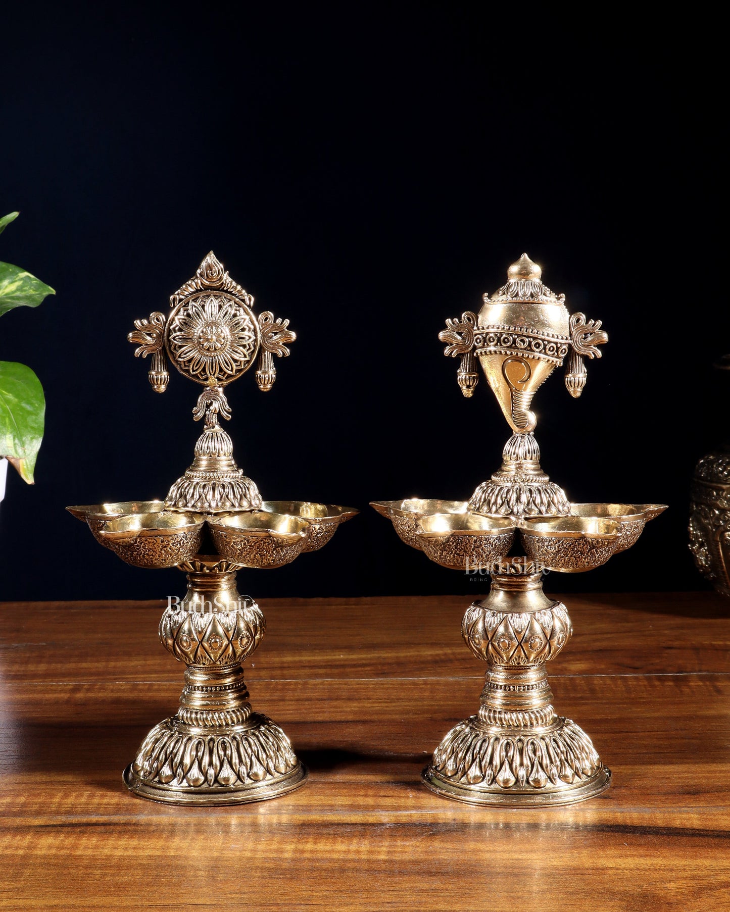 Brass Superfine Shanku Chakra Lamps – Intricately Crafted 8 inch - Sama Homes Idol - Brass Sculpture