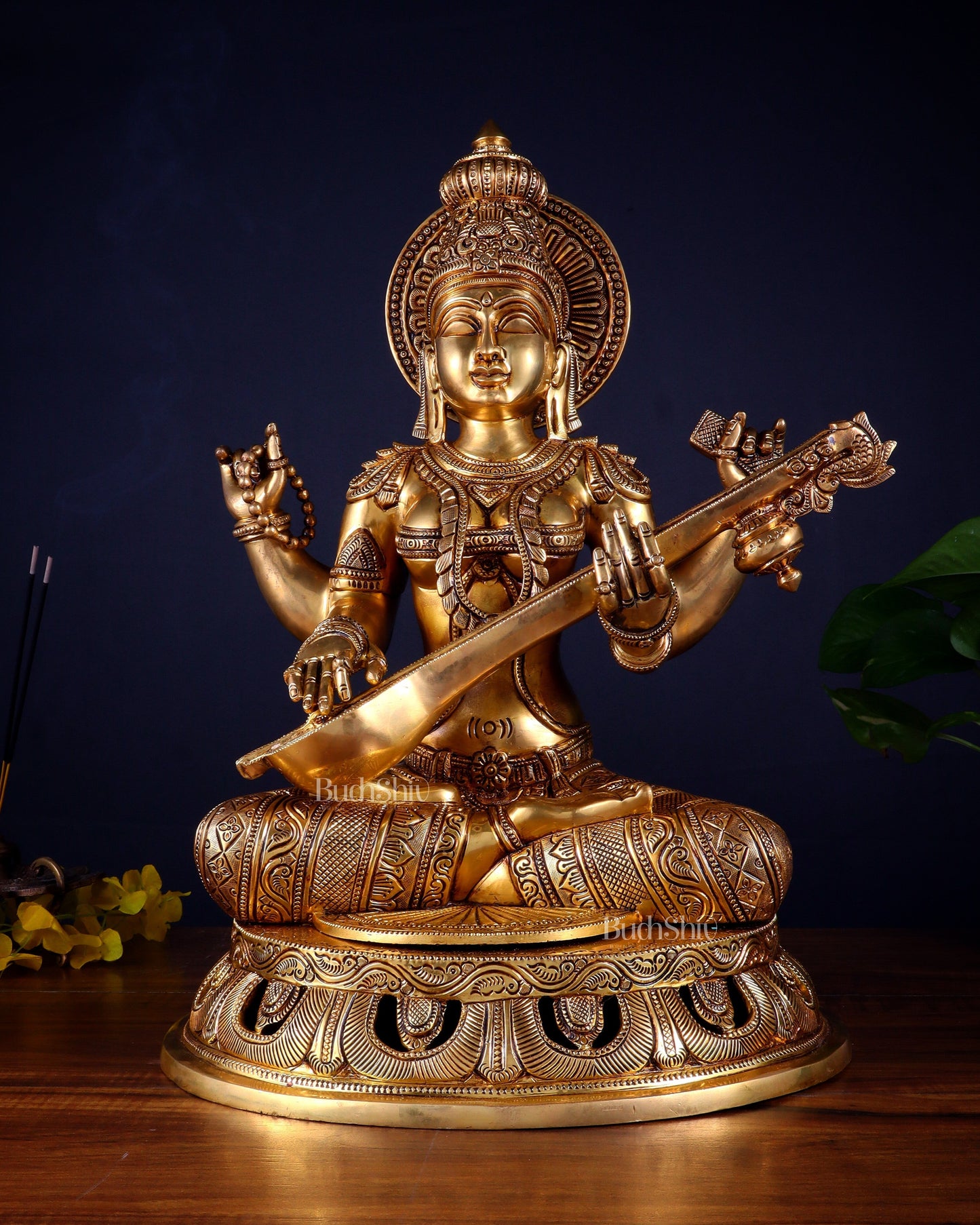 Pure Brass Superfine Saraswati Statue – Large Size 17.5" - Sama Homes Idol - Brass Sculpture