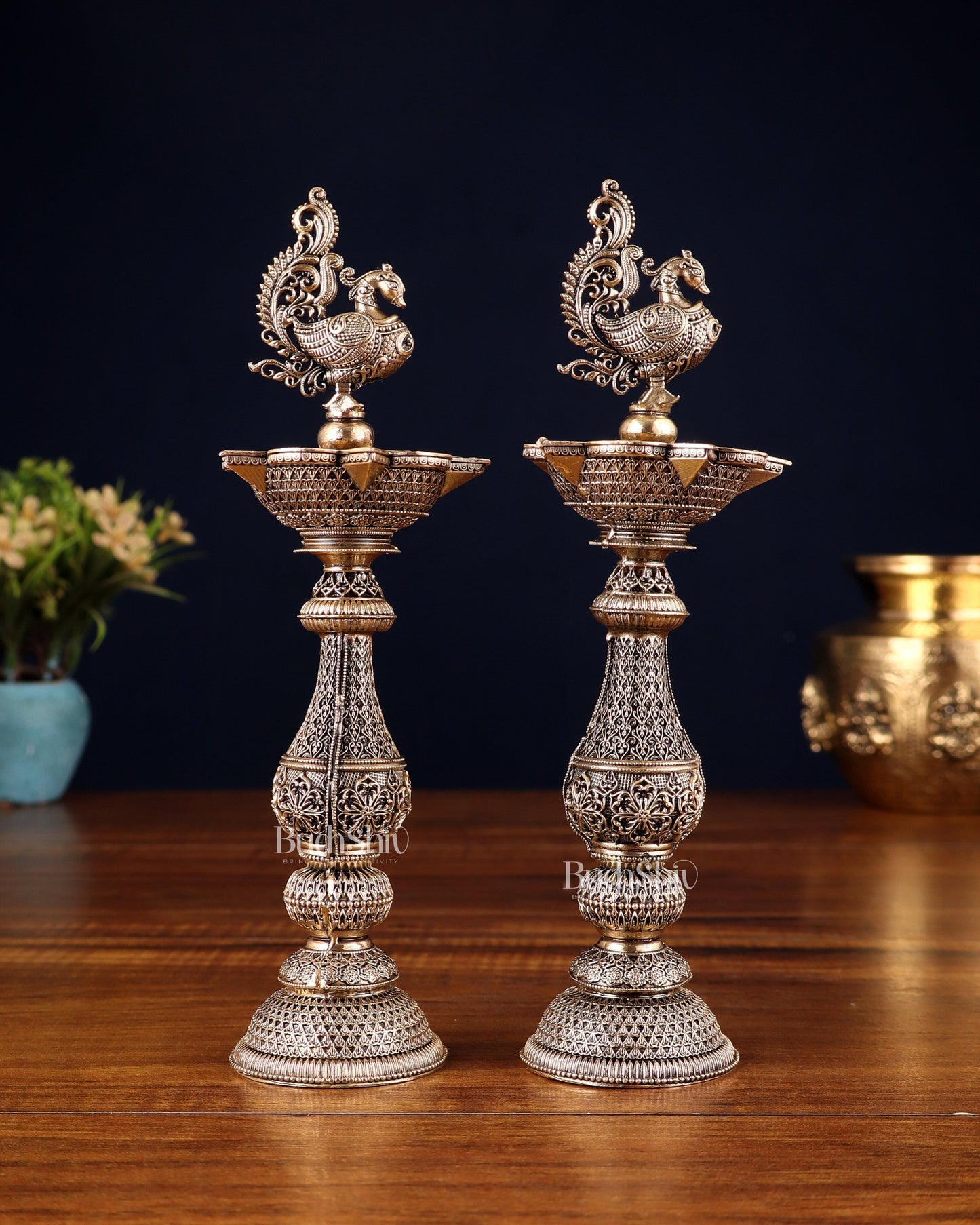 Pure Brass Superfine Annam Design Peacock samai diya – Intricate Design 8 inch pair – Sama Homes