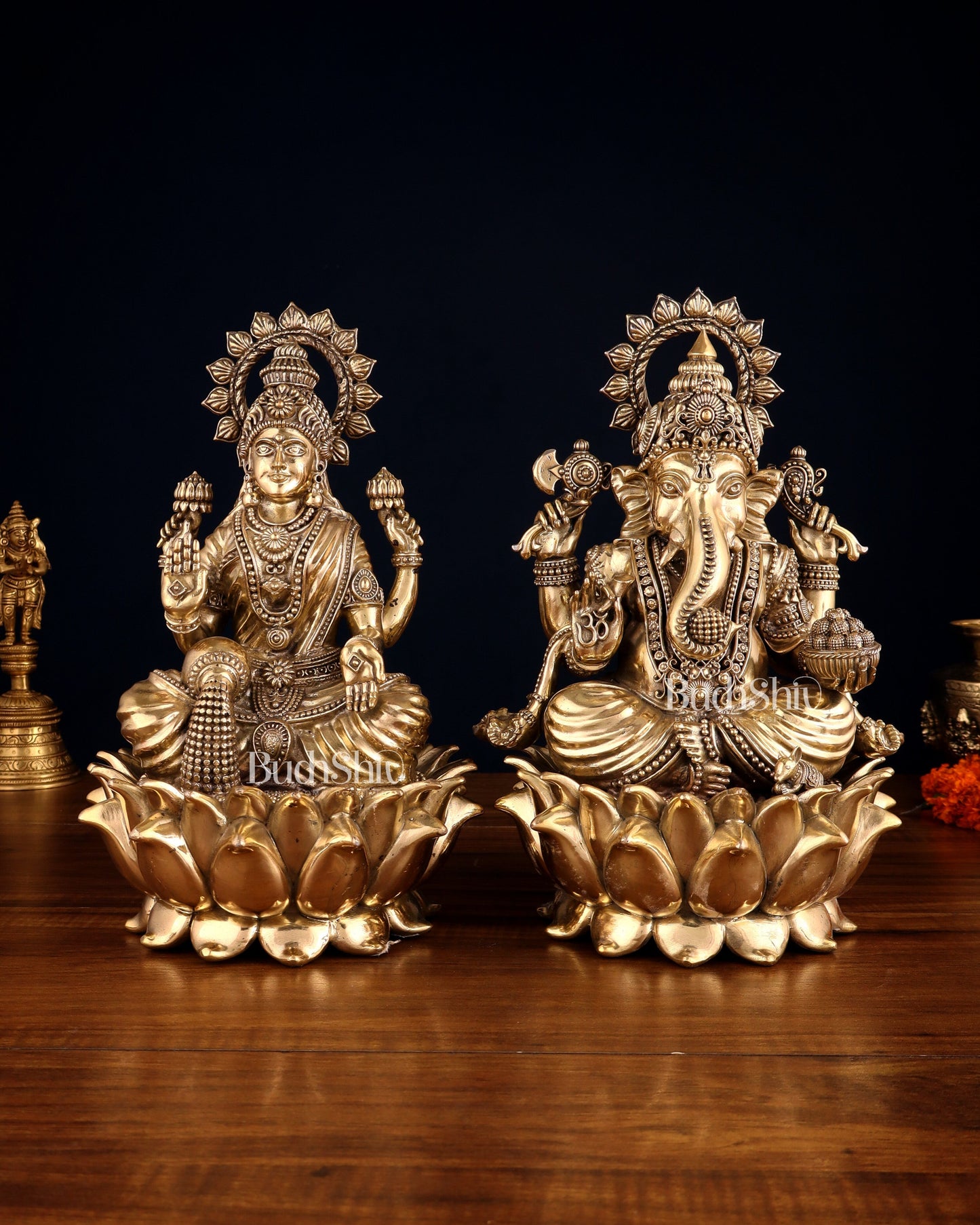 Pure Brass Ganesha & Lakshmi on Lotus – Padmasan Mudra Idol Pair 6 inch - Sama Homes Idol - Brass Sculpture
