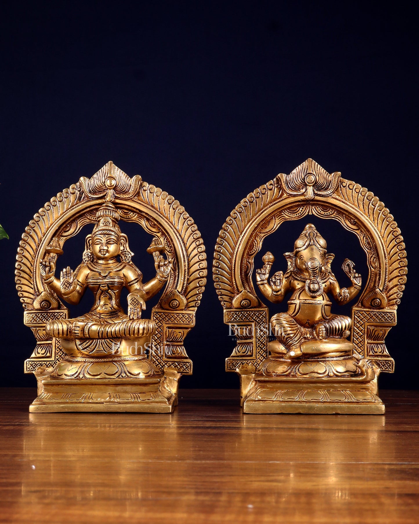 Brass Superfine valumburi Ganesh Lakshmi in padmasana with Prabhavali Idol Set 9" - Sama Homes Idol - Brass Sculpture