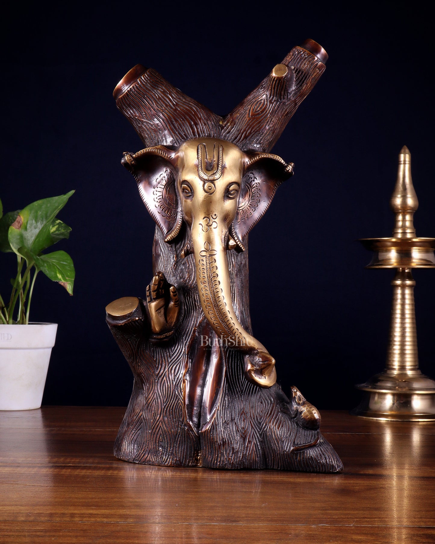 Unique Brass Ganesha Statue Carved in Tree – 12" Height - Sama Homes Idol - Brass Sculpture