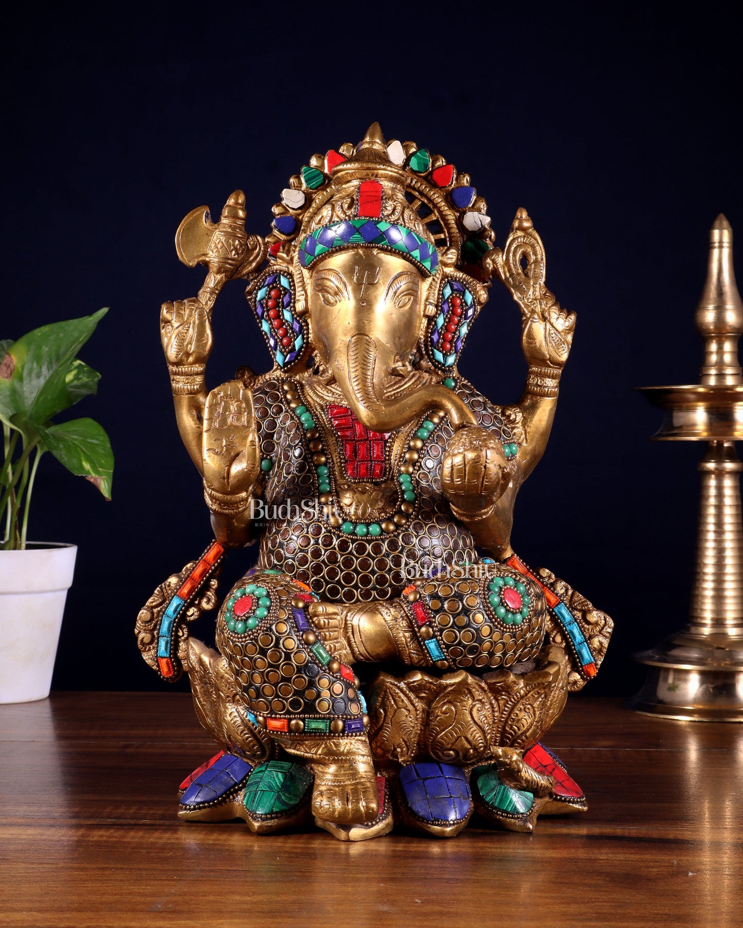 Brass Ganesha Statue on Lotus - Handcrafted - 12" | 100% Certified Copper & Brass - Sama Homes Idol - Brass Sculpture