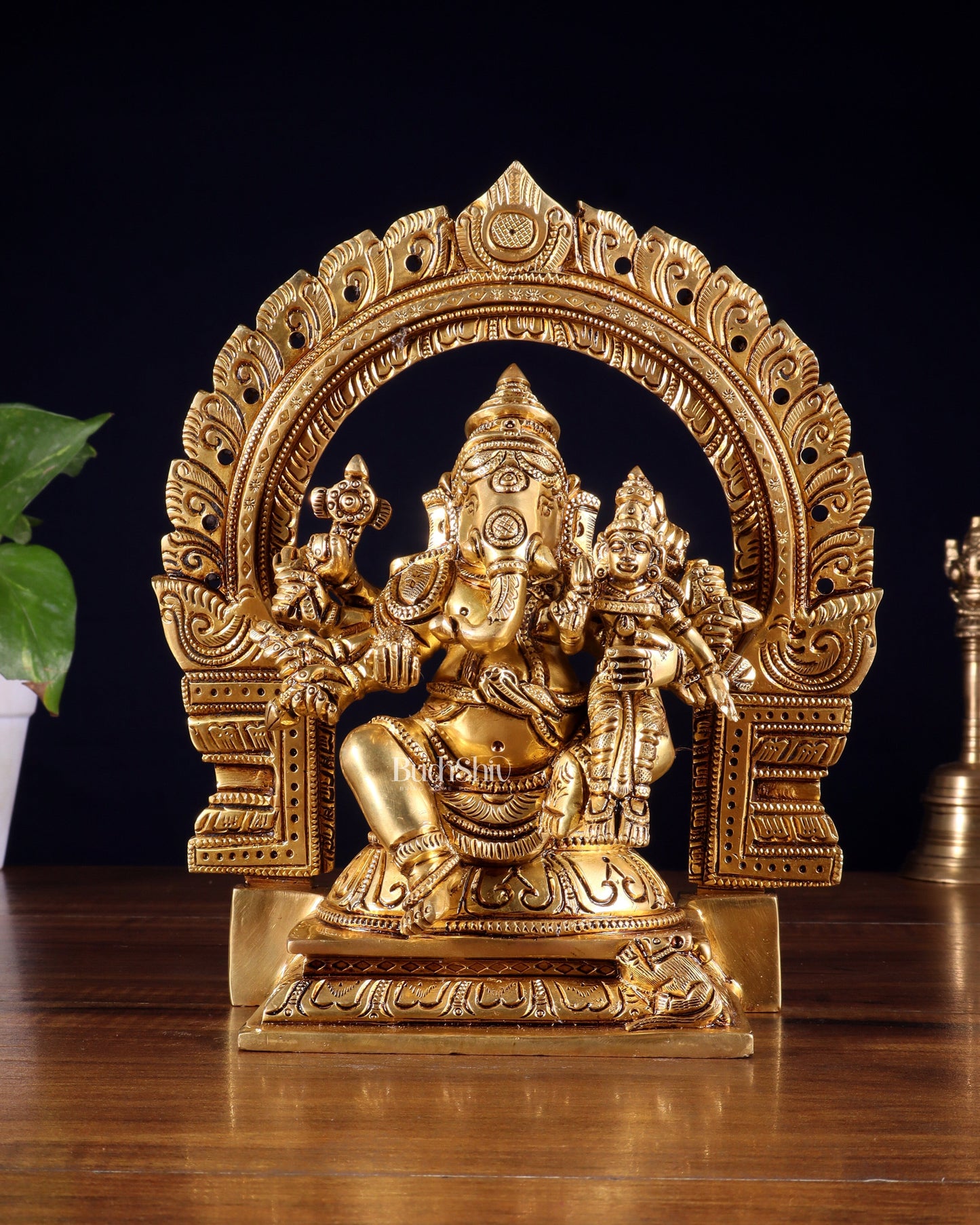 Pure Brass Vallabha Ganesha Mahaganapati Idol with Prabhavali 8.5 inch - Sama Homes Idol - Brass Sculpture