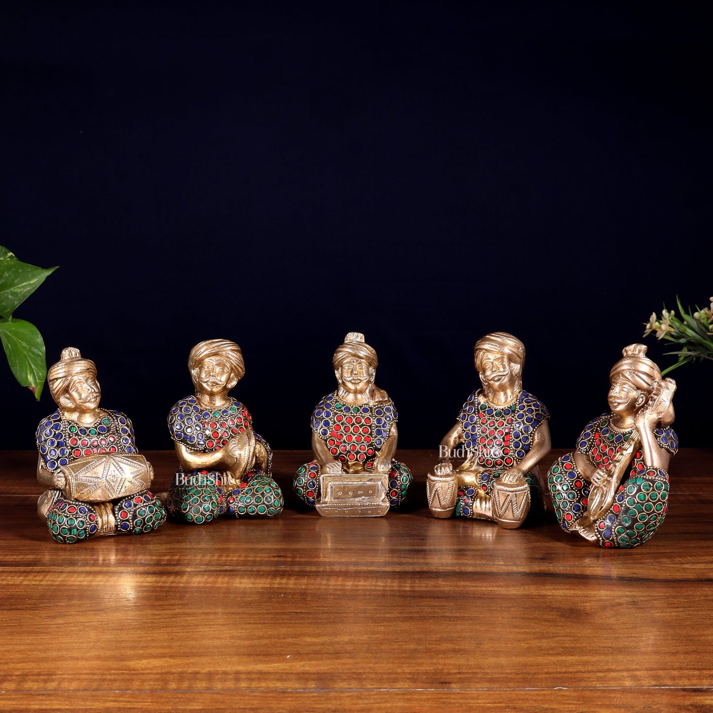 Pure Brass Rajasthani Musicians – Set of 5 Traditional Instrument Players - Sama Homes Idol - Brass Sculpture