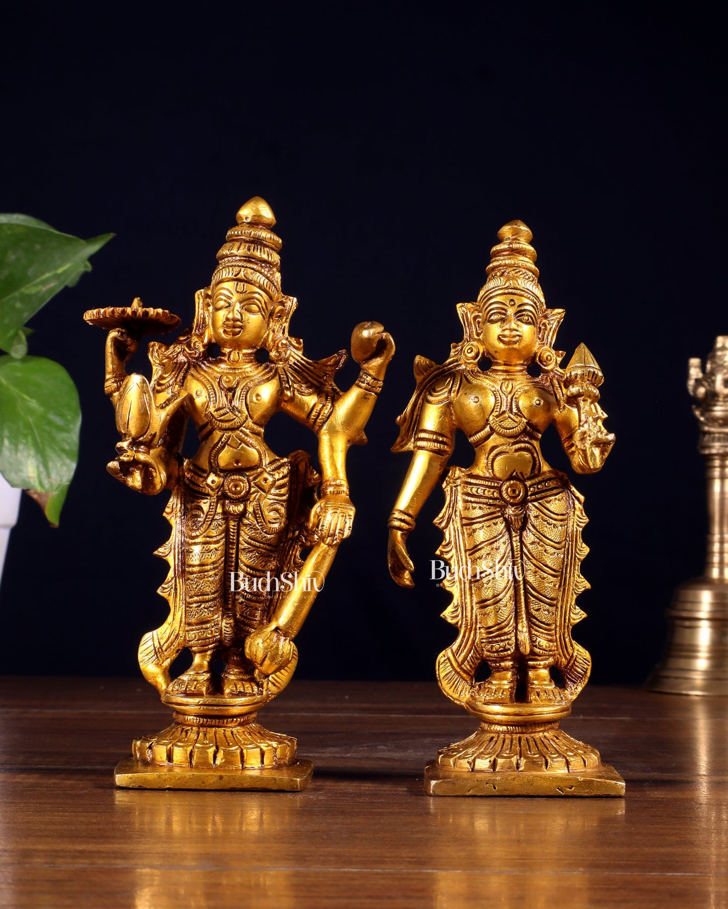 Brass Standing Vishnu and Lakshmi Idols 6 inch | 100% Certified Copper & Brass - Sama Homes Idol - Brass Sculpture